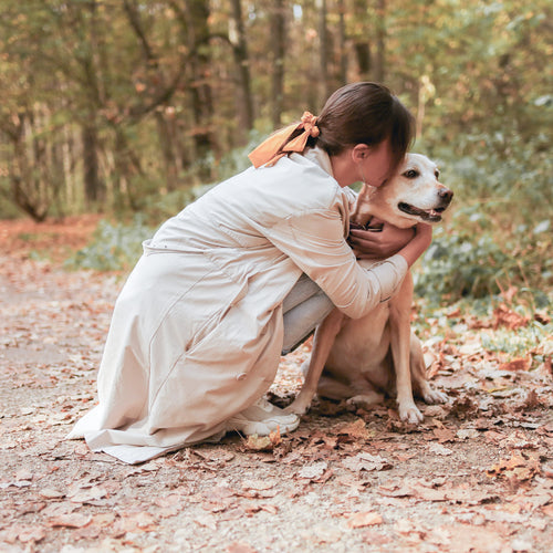 Woman hugging dog on a trail during fall with leaves everywhere.