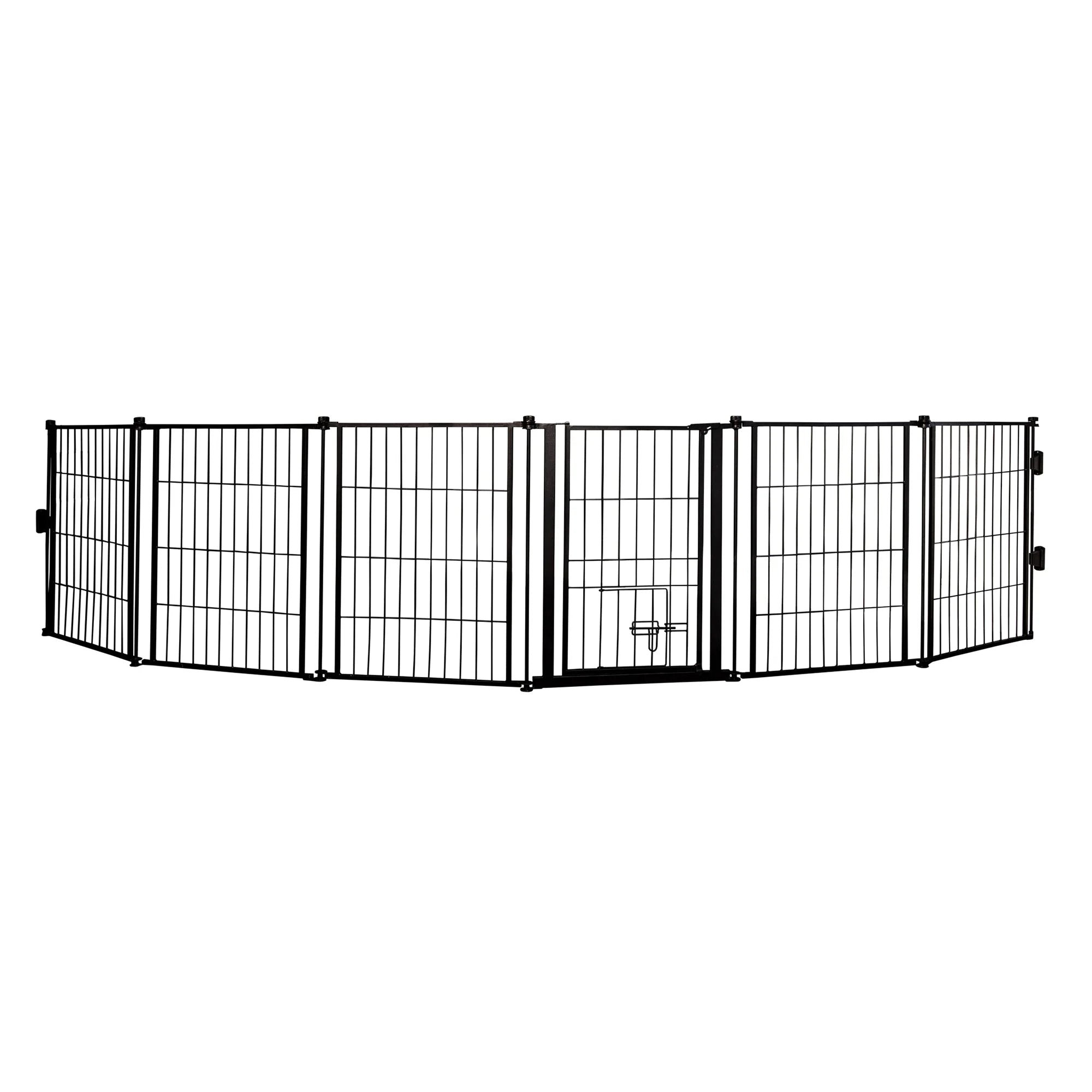 The Carlson Outdoor Super Wide Pet Pen & Gate is a versatile black steel gate with six 32” panels, expanding up to 144” wide. It features a walk-through door with a lever-style handle, a sliding safety lock, and a small pet door. Perfect for keeping pets safe outdoors, it’s weather-resistant and easy to store.