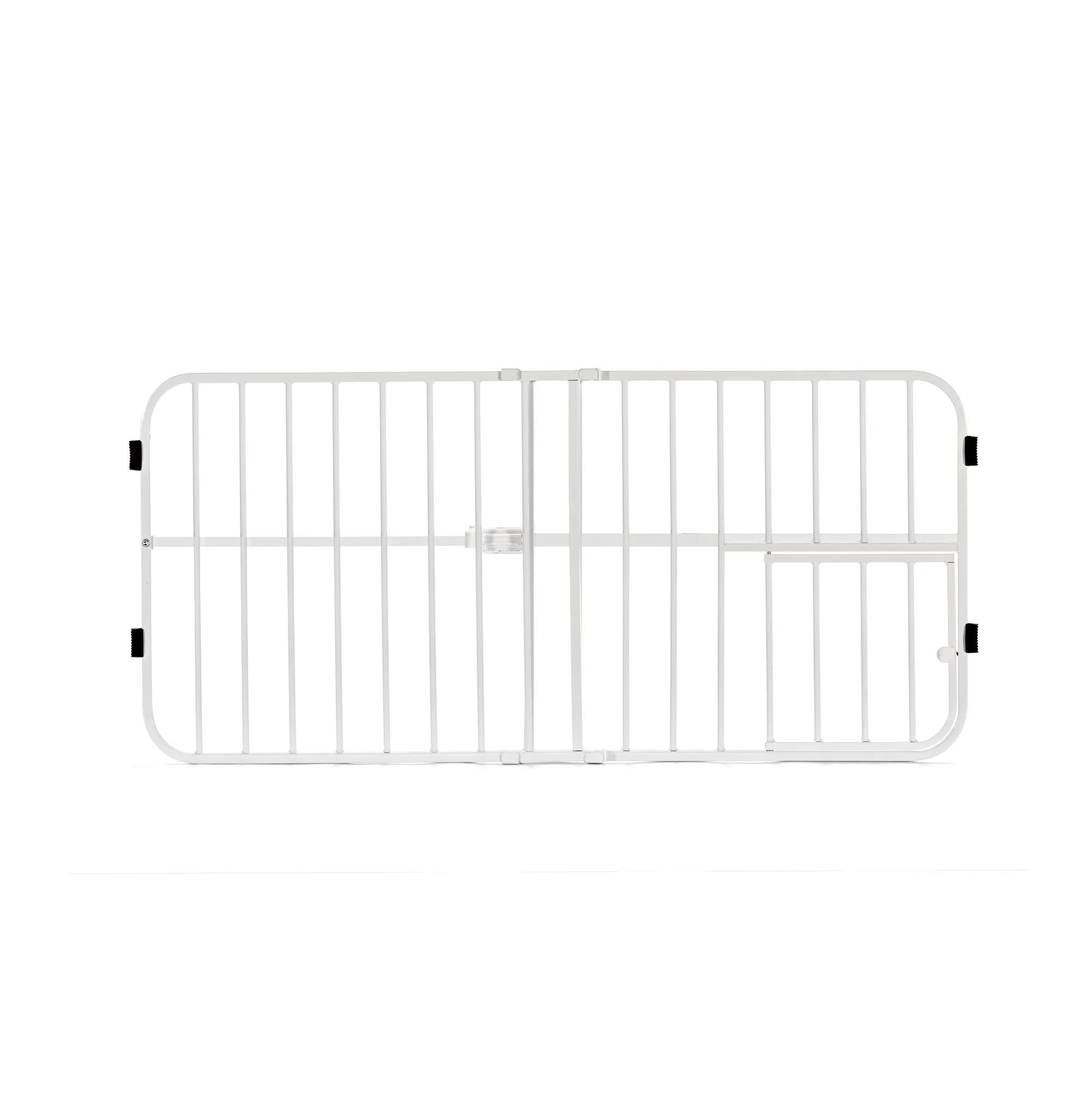 White Carlson Lil Tuffy® Expandable Pet Gate with small pet door, designed for small dogs and pets. The gate stands 18” tall and expands to fit openings between 22” to 38”. It features a sturdy all-metal frame and a pressure-mount system with rubber bumpers to protect walls.