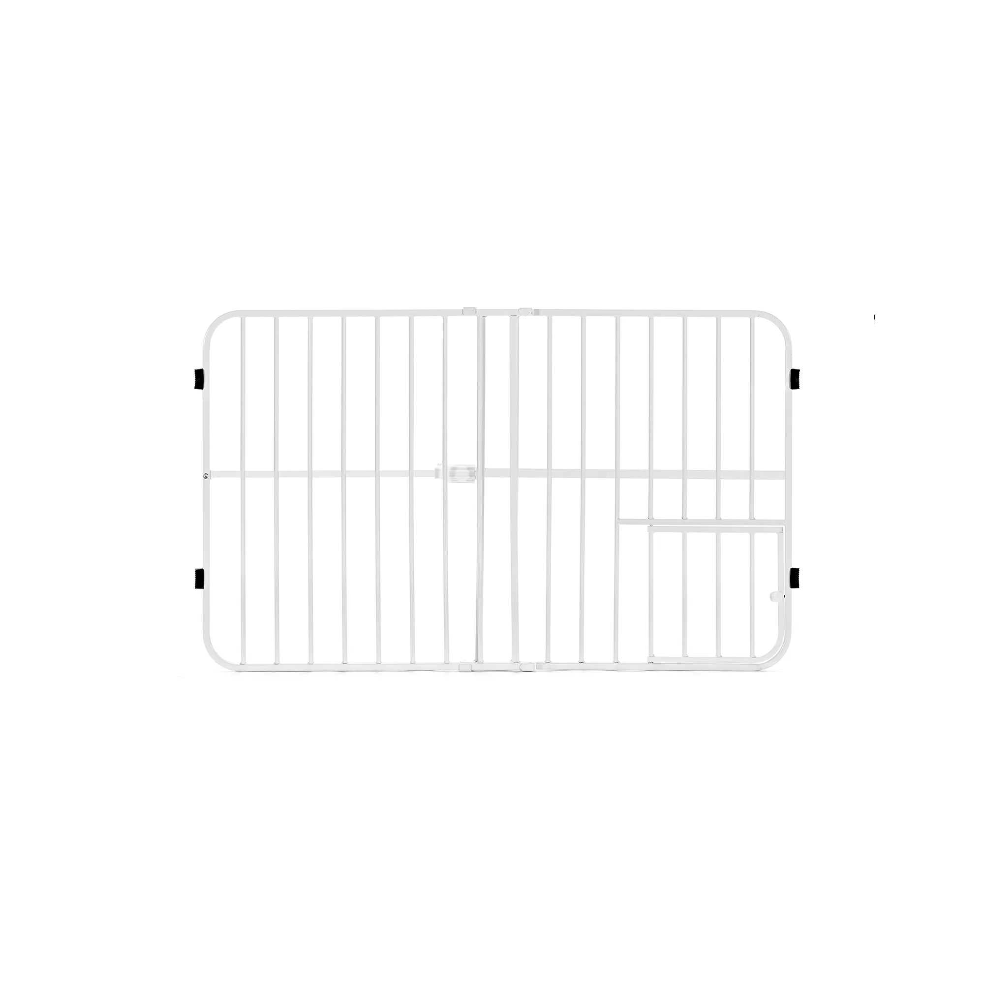 Carlson Tuffy® Expandable Pet Gate in white, durable steel frame, pressure-mounted, adjustable 26"-38", with small pet door for easy access.