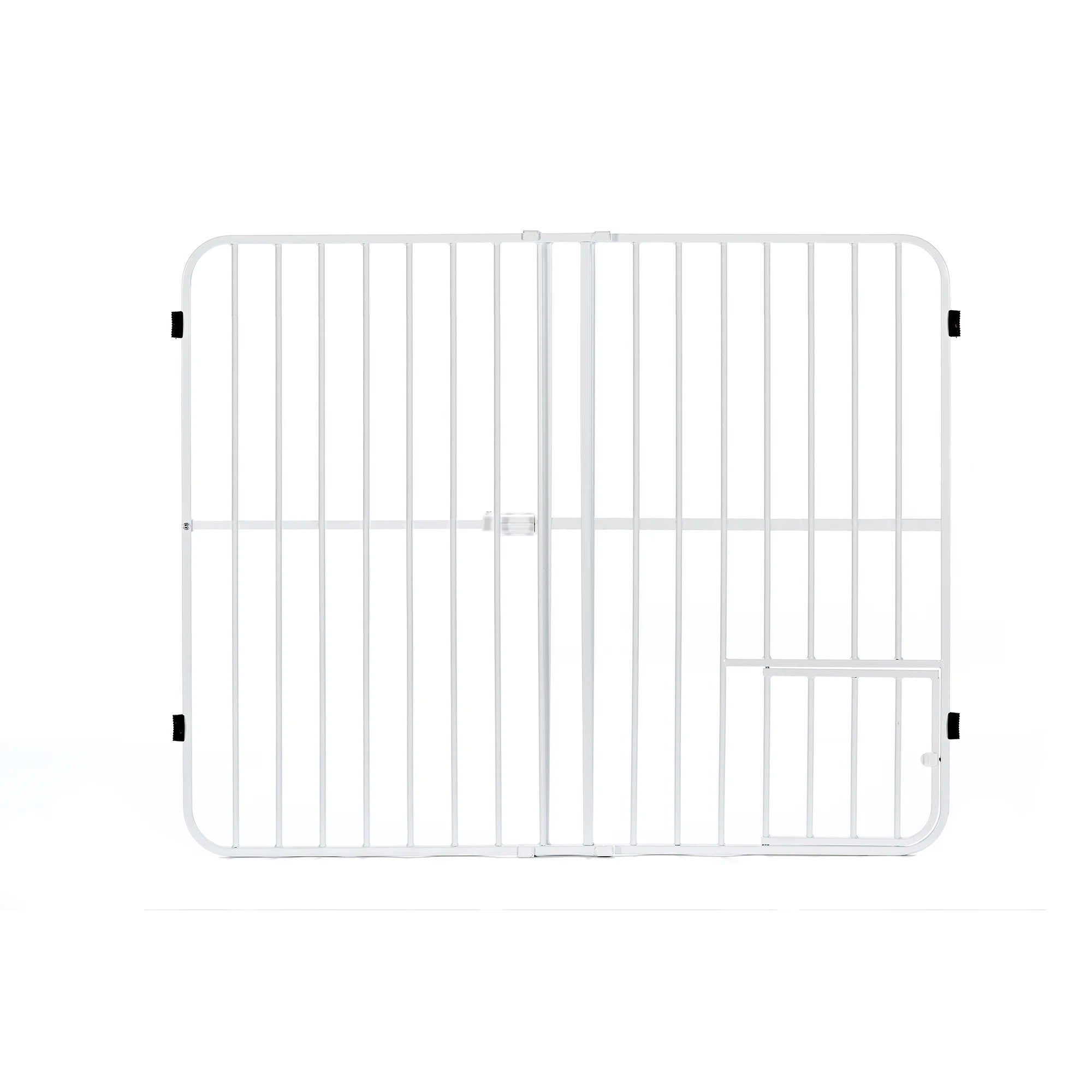 The Carlson Big Tuffy® Expandable Pet Gate in white is a sturdy, 32" tall steel gate designed to fit openings from 22" to 38". It features a pressure-mount system for quick, tool-free installation, rubber bumpers to protect walls, and a patented small pet door for easy access, making it perfect for small to large pets.