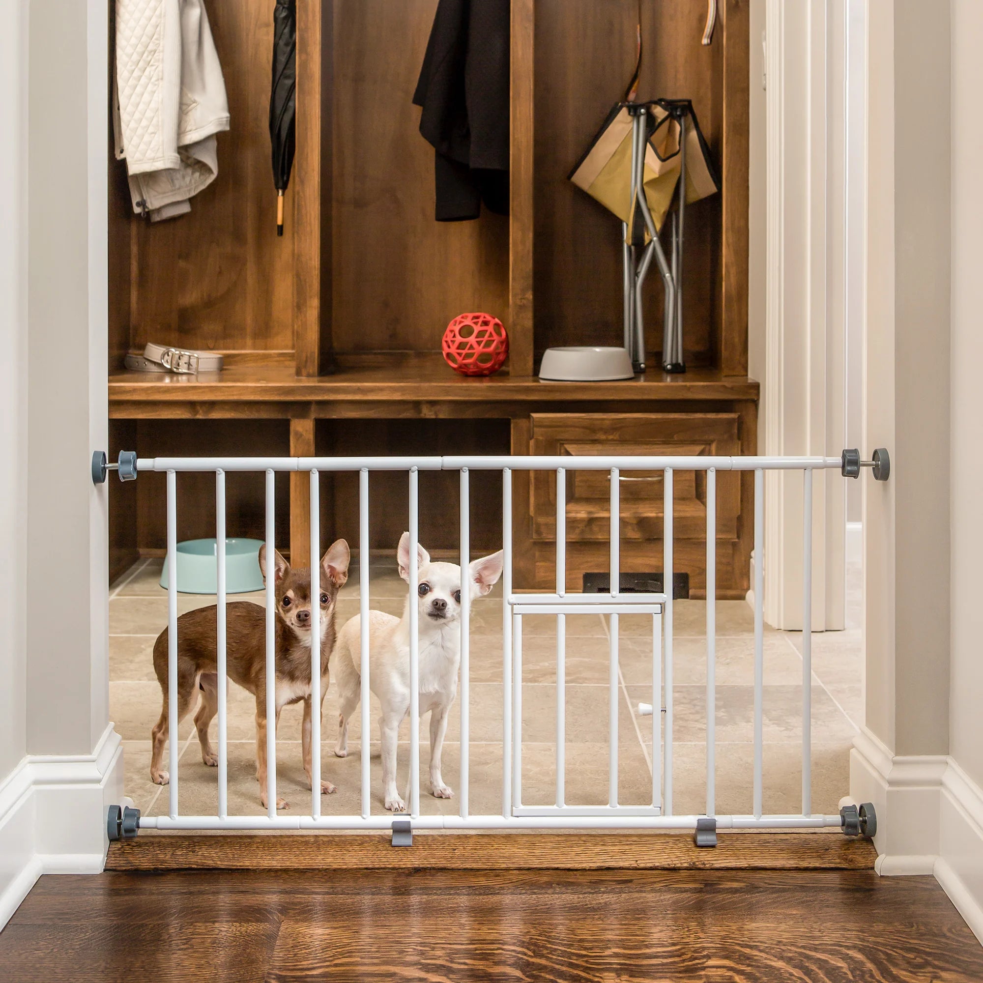 The Carlson Mini Pet Gate is a durable, all-steel gate designed for small pets. It features a patented small pet door, pressure-mount installation, and includes three 4" extensions for wider openings. Its lightweight design allows easy storage, with a stepover feature for convenient access.