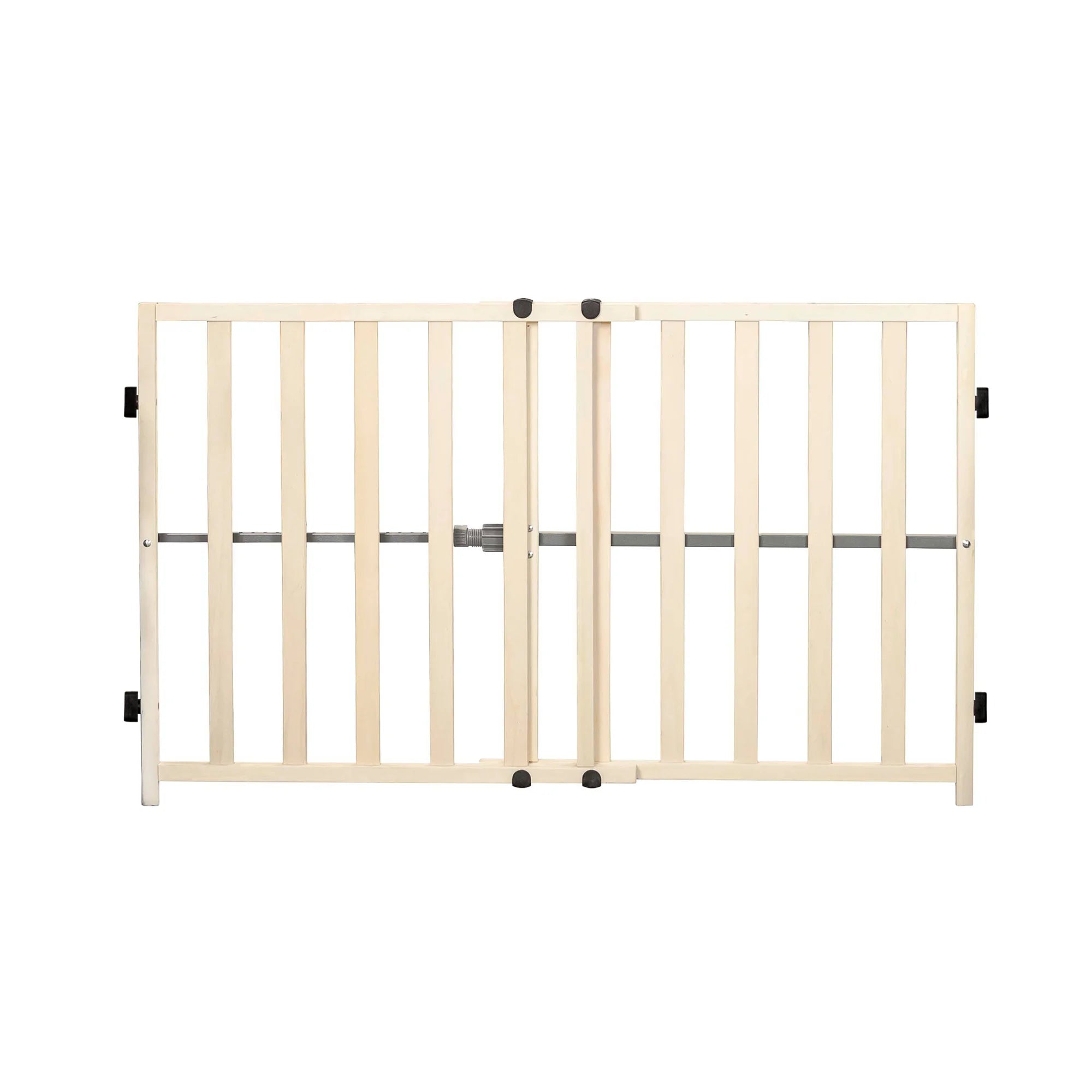 Carlson Wooden Expandable Pet Gate with natural wood finish, designed for small pets. Stands 23” tall and fits openings 28”–42” wide. Features pressure-mount installation with rubber bumpers to protect walls, a step-over design, and a compact, foldable frame for easy storage and portability.