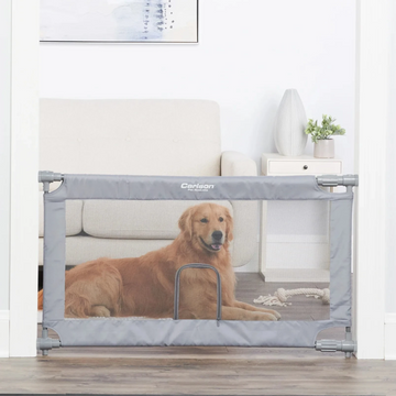 Carlson Expandable Mesh Pet Gate with Small Pet Door, featuring a pressure-mount system for easy installation without wall damage. Adjustable from 27.5" to 50" wide and 28" tall, it’s lightweight, portable, and durable with a reinforced mesh barrier. Ideal for pets, travel, and quick setup in any space.