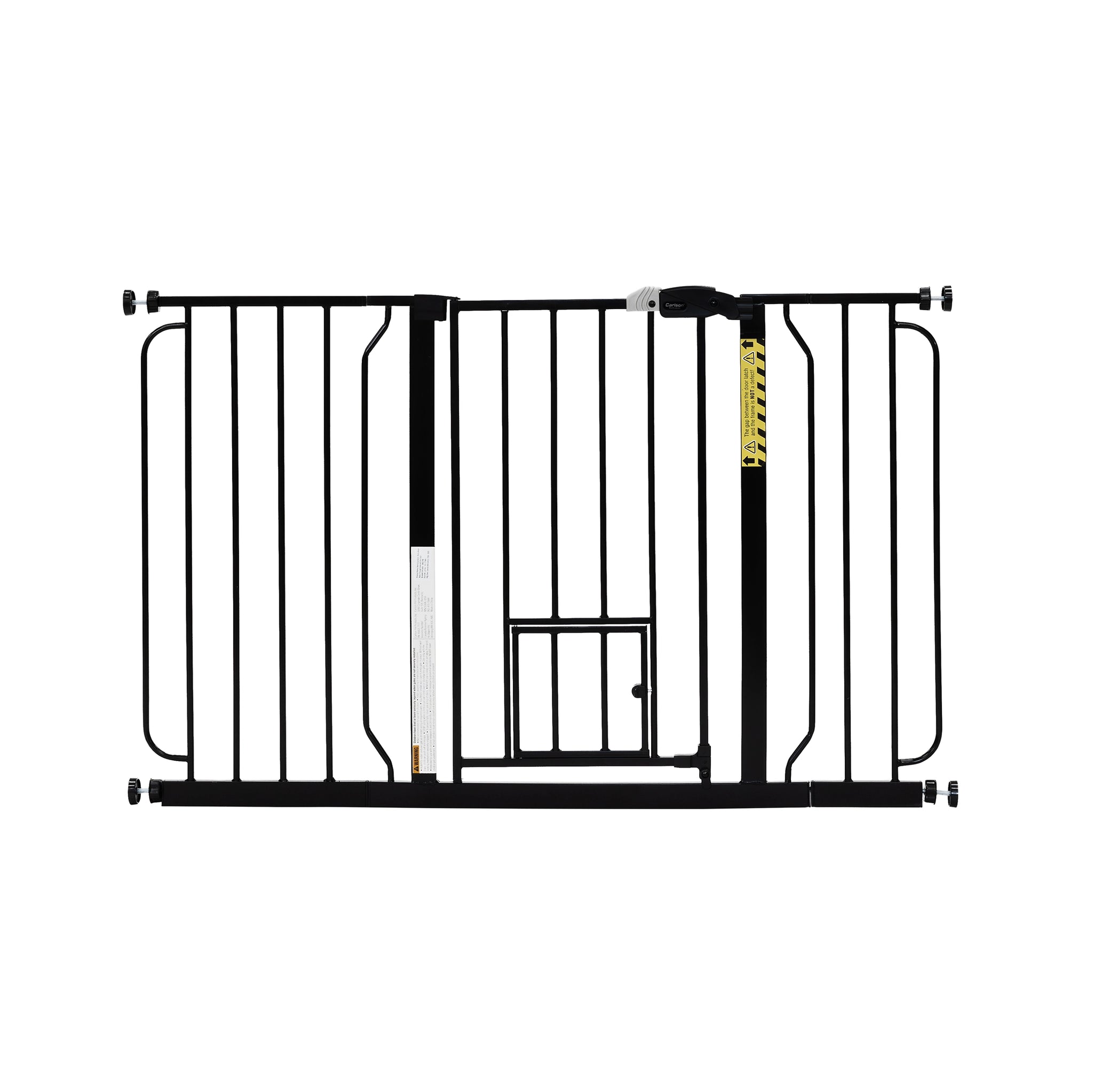 The Carlson 51” Extra Wide Walk-Thru Pet Gate features a sturdy all-steel frame, a 16.5" wide walk-through door, and a patented small pet door. It expands from 29” to 51” wide, stands 30” tall, and includes extensions for wider openings. Ideal for doorways, hallways, and stairs, offering easy installation.