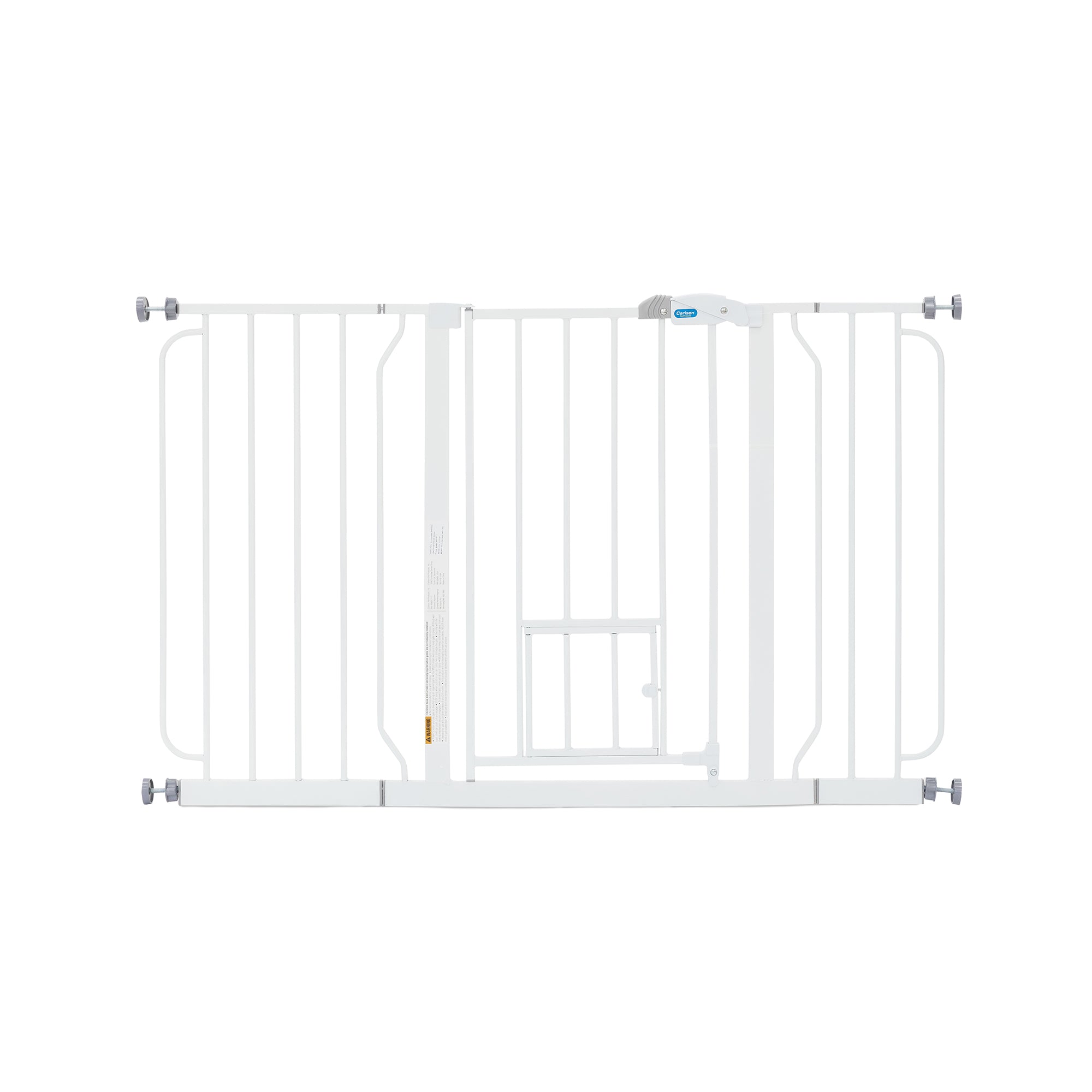 The Carlson 51" Extra Wide Walk-Thru Pet Gate in clean white features a durable all-steel frame, a patented small pet door for easy access, and a convenient lift-style handle. It includes 6" and 12" extensions for wider openings and offers simple pressure-mount installation with optional hardware mounting. Ideal for pets and homes.