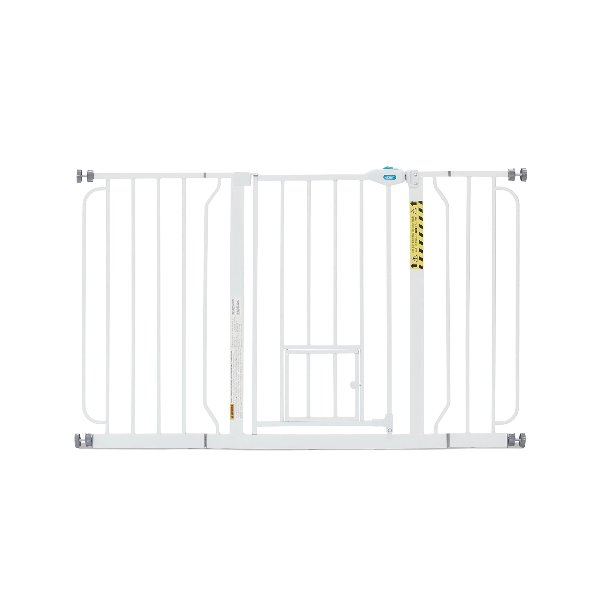 The Carlson 51” Extra Wide Walk-Thru Pet Gate in white features a small pet door, chew-proof steel construction, and expandable design. Easy to install, it fits openings from 29” to 51” wide and includes 6” and 12” extensions, offering flexibility for various spaces while keeping your pets secure.