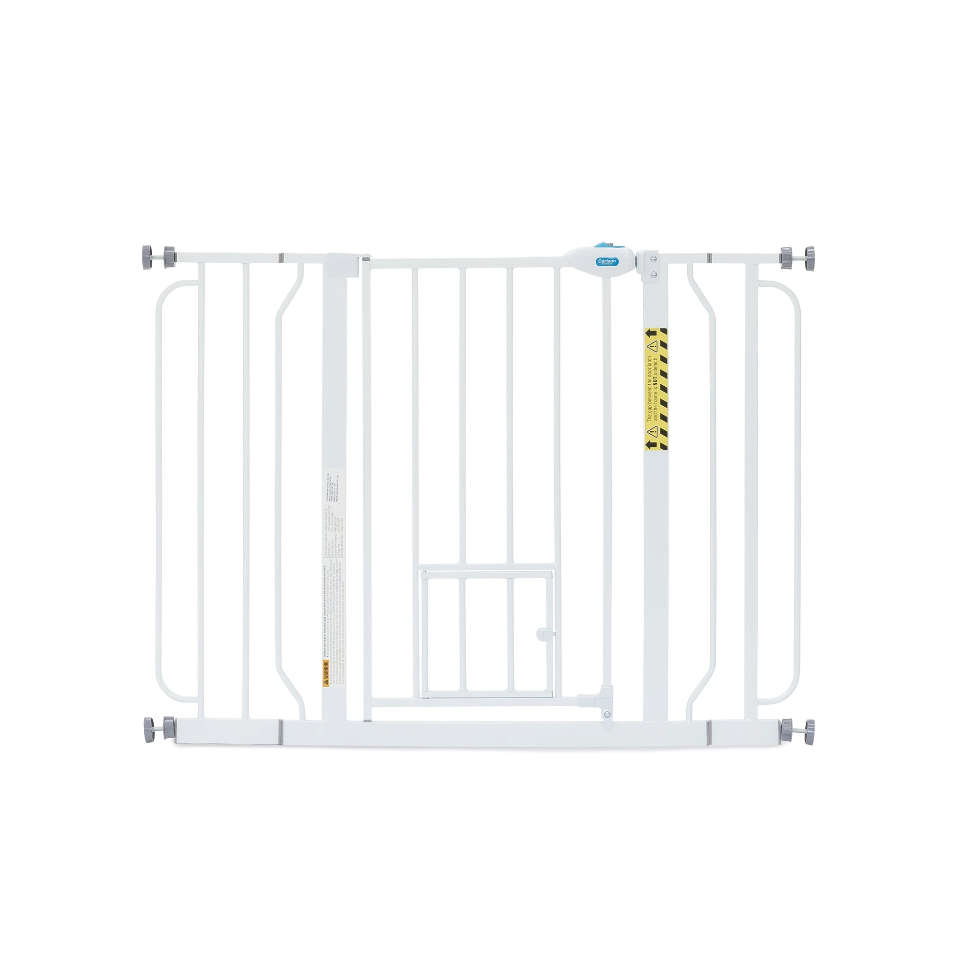 Carlson Extra Wide Walk-Thru Pet Gate in white with a small pet door, designed for extra wide openings. Features a sturdy, chew-proof steel frame, expands to fit openings 29”-36.5” wide, includes a 4” extension, and a 16.5” walk-thru door. Easy installation with no drilling required.