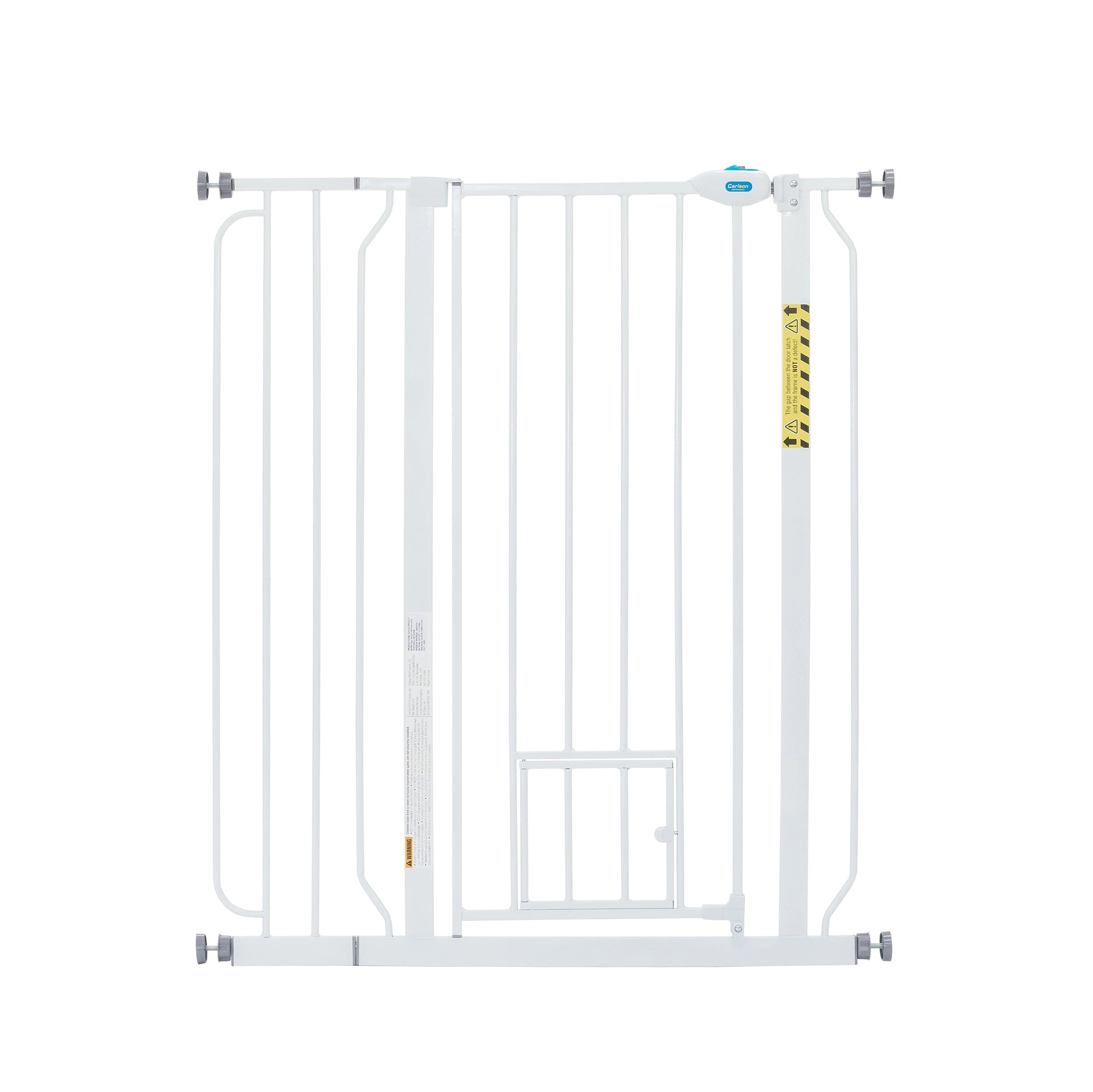 The Carlson 41” Extra Tall Walk-Thru Pet Gate with Small Pet Door in white is ideal for extra-large or jumpy dogs. Made from chew-proof steel, it stands at 41” tall and fits openings between 29” and 38.5” wide. Includes a 6” extension and features a small pet door for easy access by smaller animals. Perfect for secure, versatile use.