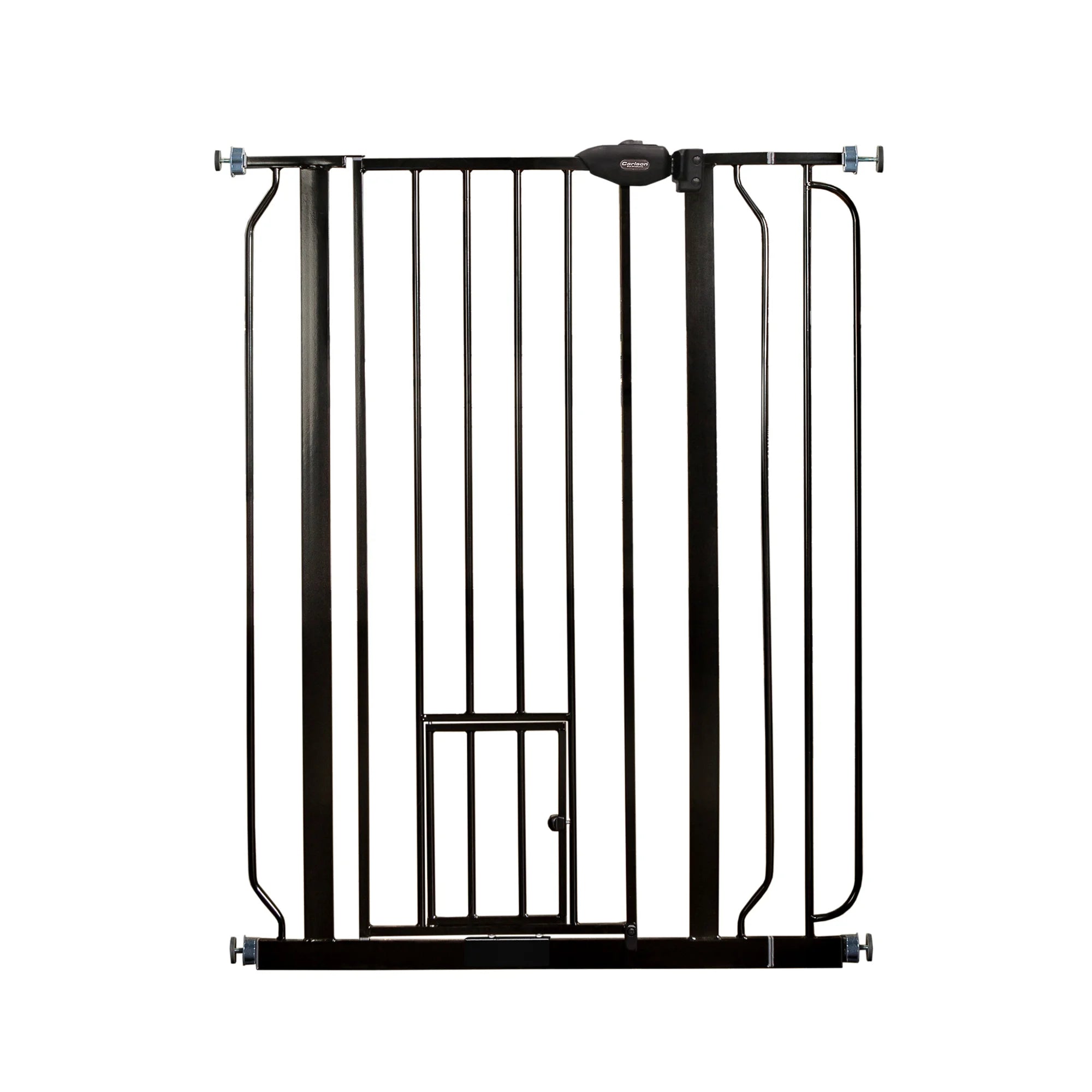 Black Carlson 36” Extra Tall Walk-Thru Pet Gate with small pet door is a durable, chew-proof solution for securing your home. Made from 100% steel, it's perfect for larger or active dogs. The gate features a 16.5” wide walk-through door and includes a 4” extension for wider openings.