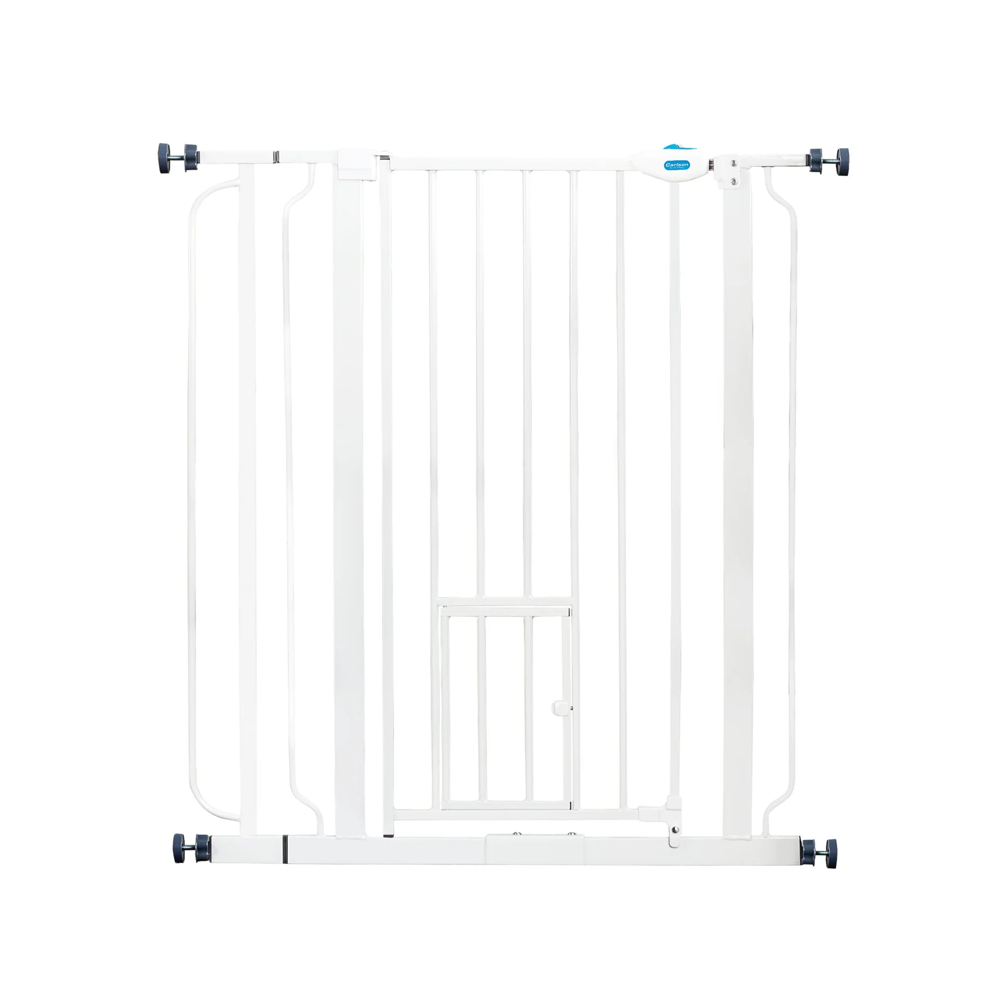 The Carlson 36” Extra Tall Walk-Thru Pet Gate with Small Pet Door in white, made of durable steel, is designed to keep pets safely contained. It features a 36” height, expandable width (29” to 36.5”), easy walk-through door, and a small pet door for small animals to pass through while keeping larger pets confined.