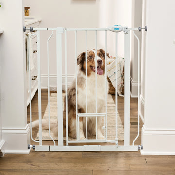 The Carlson 36” Extra Tall Walk-Thru Pet Gate with Small Pet Door in white, made of durable steel, is designed to keep pets safely contained. It features a 36” height, expandable width (29” to 36.5”), easy walk-through door, and a small pet door for small animals to pass through while keeping larger pets confined.