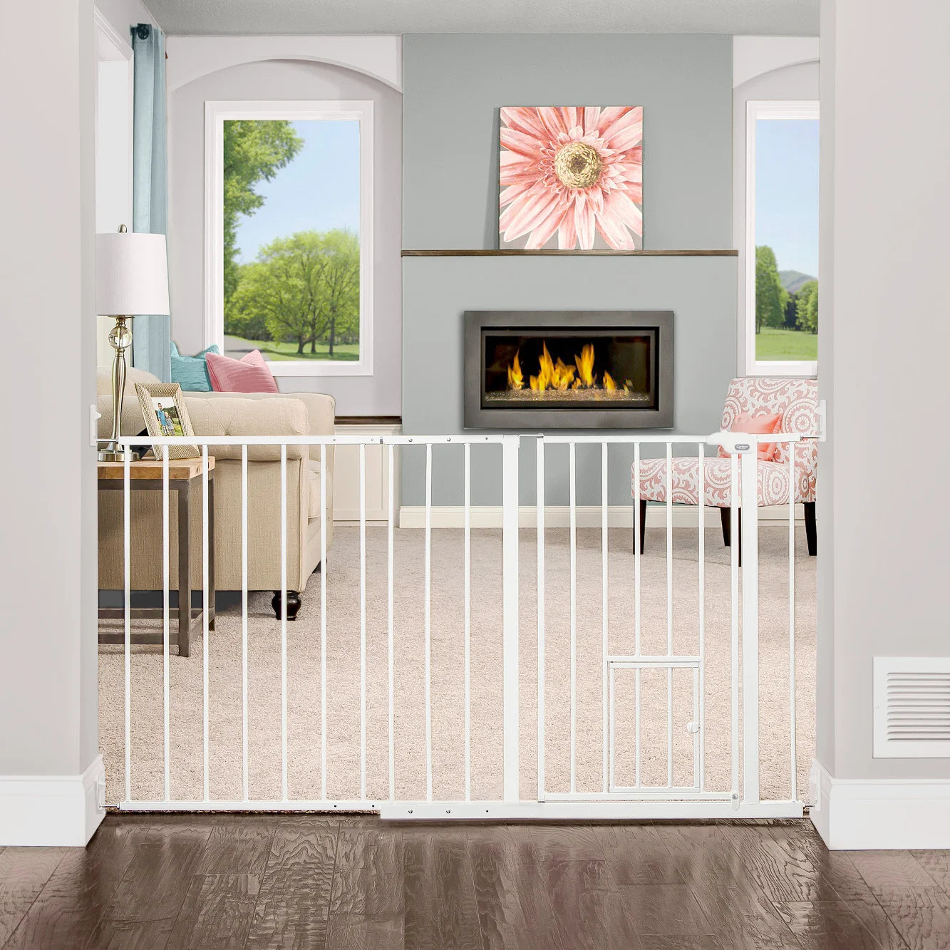 Carlson Maxi Walk-Thru Pet Gate with Small Pet Door, designed for wide openings between 51" and 59". Made of durable steel, it provides a chew-proof barrier. Features a 15.9" wide walk-through door, a patented small pet door, and easy wall-mount installation for added convenience.