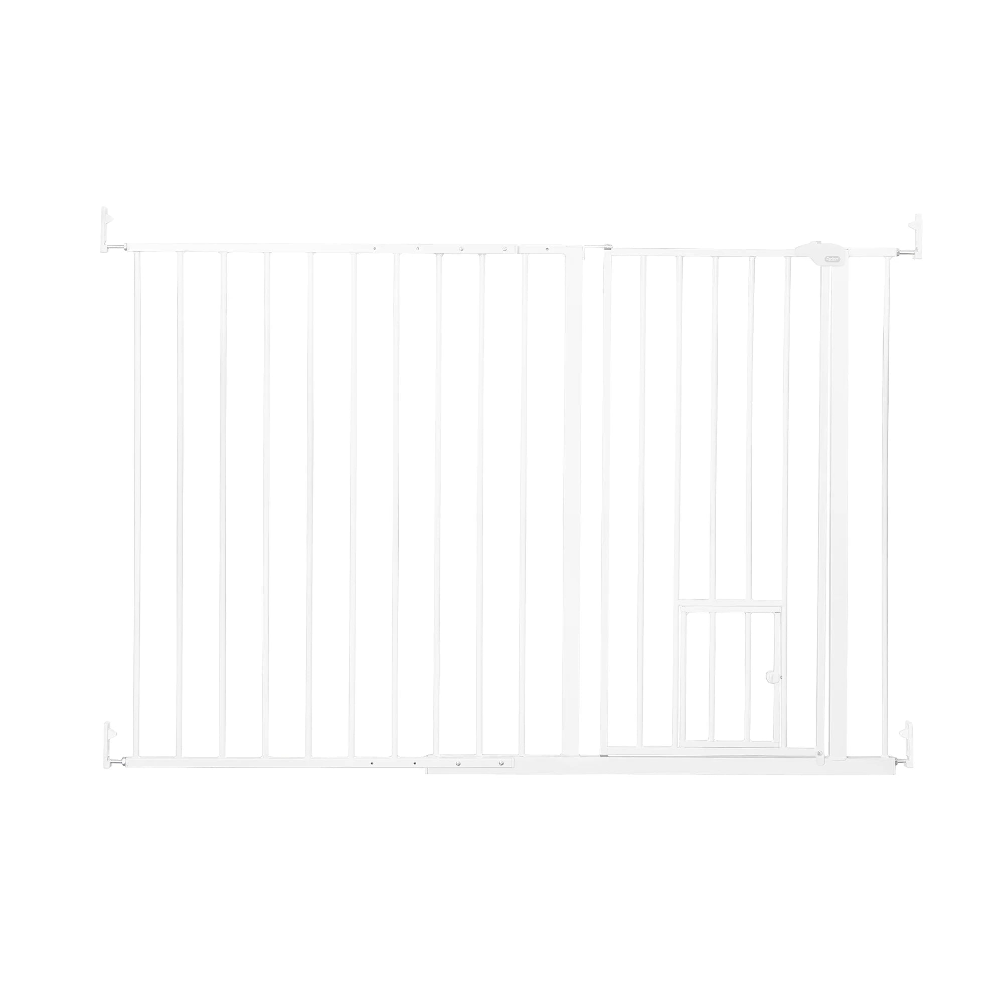 Carlson Maxi Extra Tall Walk-Thru Pet Gate in white with small pet door. Designed for wide openings (51"-59"), it stands 38" tall to contain larger or active pets. Features a 15.9" wide walk-through door, easy lever-style handle, and secure hardware mount for durable, long-lasting use.