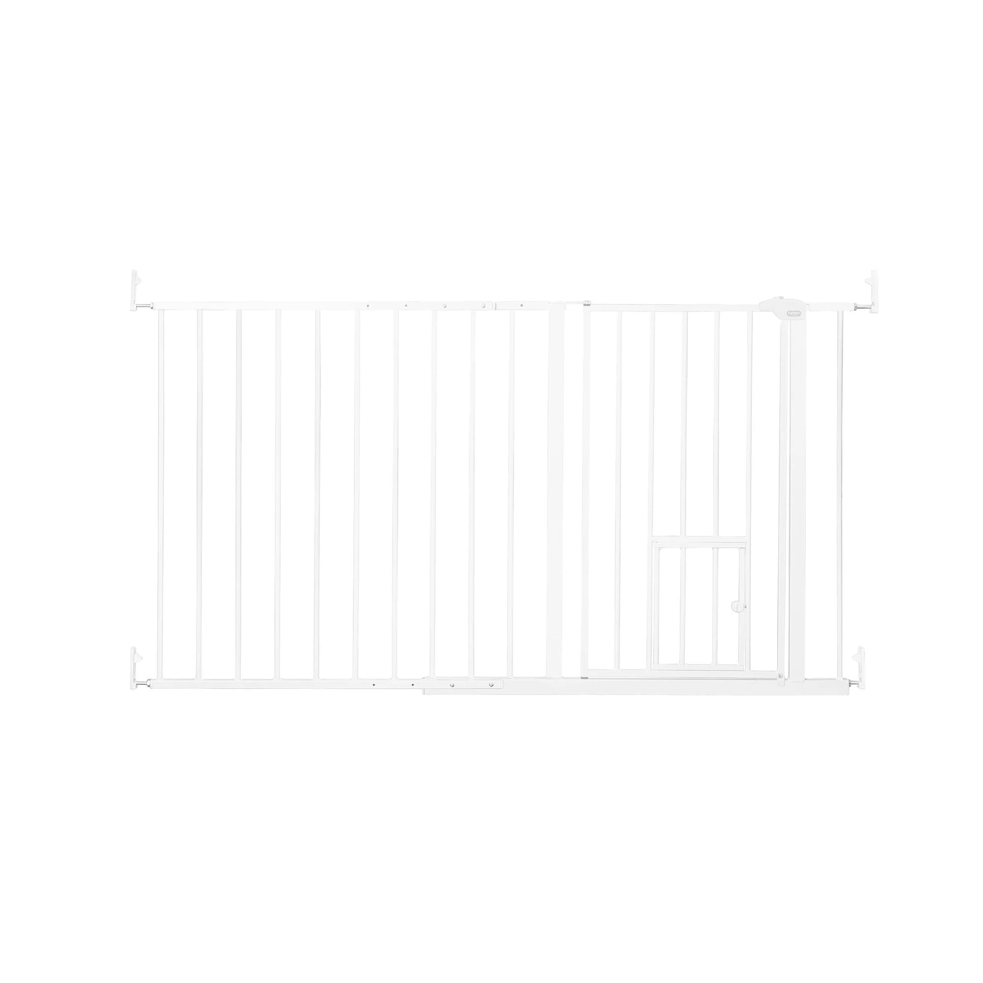 Carlson Maxi Walk-Thru Pet Gate with Small Pet Door, designed for wide openings between 51" and 59". Made of durable steel, it provides a chew-proof barrier. Features a 15.9" wide walk-through door, a patented small pet door, and easy wall-mount installation for added convenience.
