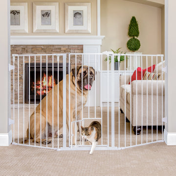 The Carlson Flexi Extra Tall Walk-Thru Pet Gate with Small Pet Door is a sturdy, all-steel pet gate designed for large dogs and jumpers. Standing 38” tall, it fits openings from 52” to 76” wide. It features a walk-through door for adults and a small 9” x 9” pet door for smaller animals. Easy to install and portable.