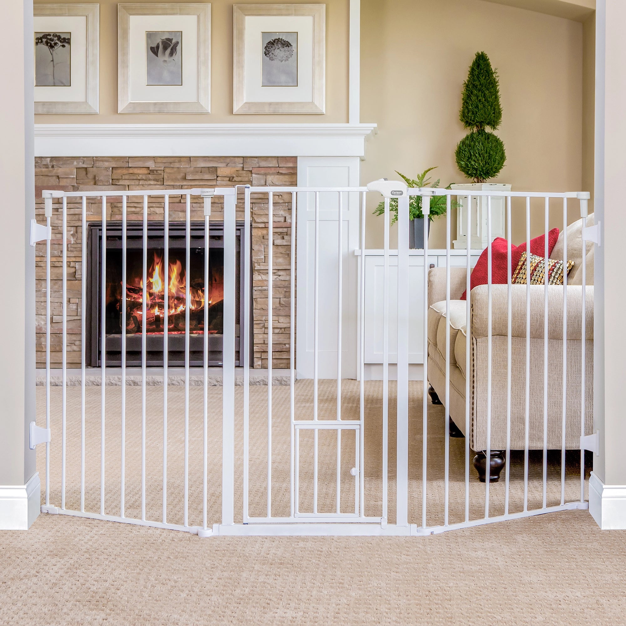 The Carlson Flexi Extra Tall Walk-Thru Pet Gate with Small Pet Door is a sturdy, all-steel pet gate designed for large dogs and jumpers. Standing 38” tall, it fits openings from 52” to 76” wide. It features a walk-through door for adults and a small 9” x 9” pet door for smaller animals. Easy to install and portable.