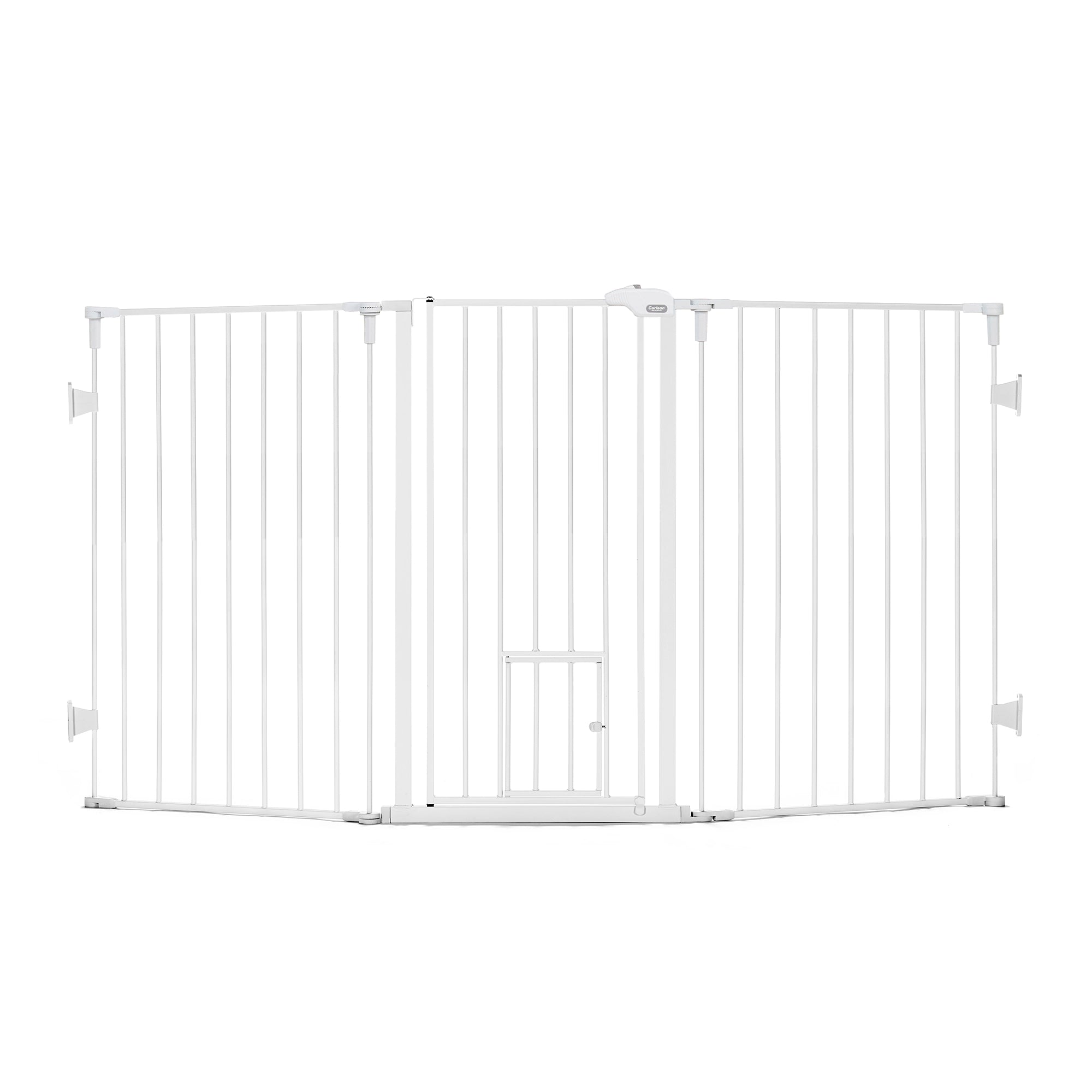 The Carlson Flexi Extra Tall Walk-Thru Pet Gate with Small Pet Door is a sturdy, all-steel pet gate designed for large dogs and jumpers. Standing 38” tall, it fits openings from 52” to 76” wide. It features a walk-through door for adults and a small 9” x 9” pet door for smaller animals. Easy to install and portable.