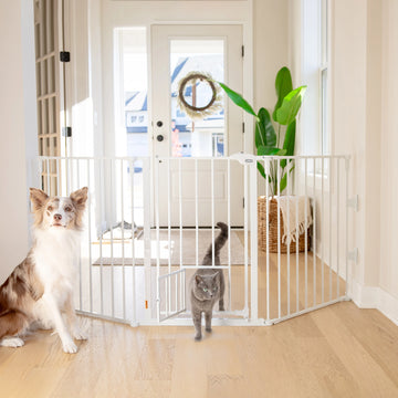 Carlson Flexi Walk-Thru Pet Gate with Small Pet Door, designed for active pets and irregular spaces. Features a sturdy all-steel frame, accordion-style design, and a 16.3" wide walk-through door. Includes a small pet door, easy-to-use sliding lock, and wall mounting hardware for secure installation.
