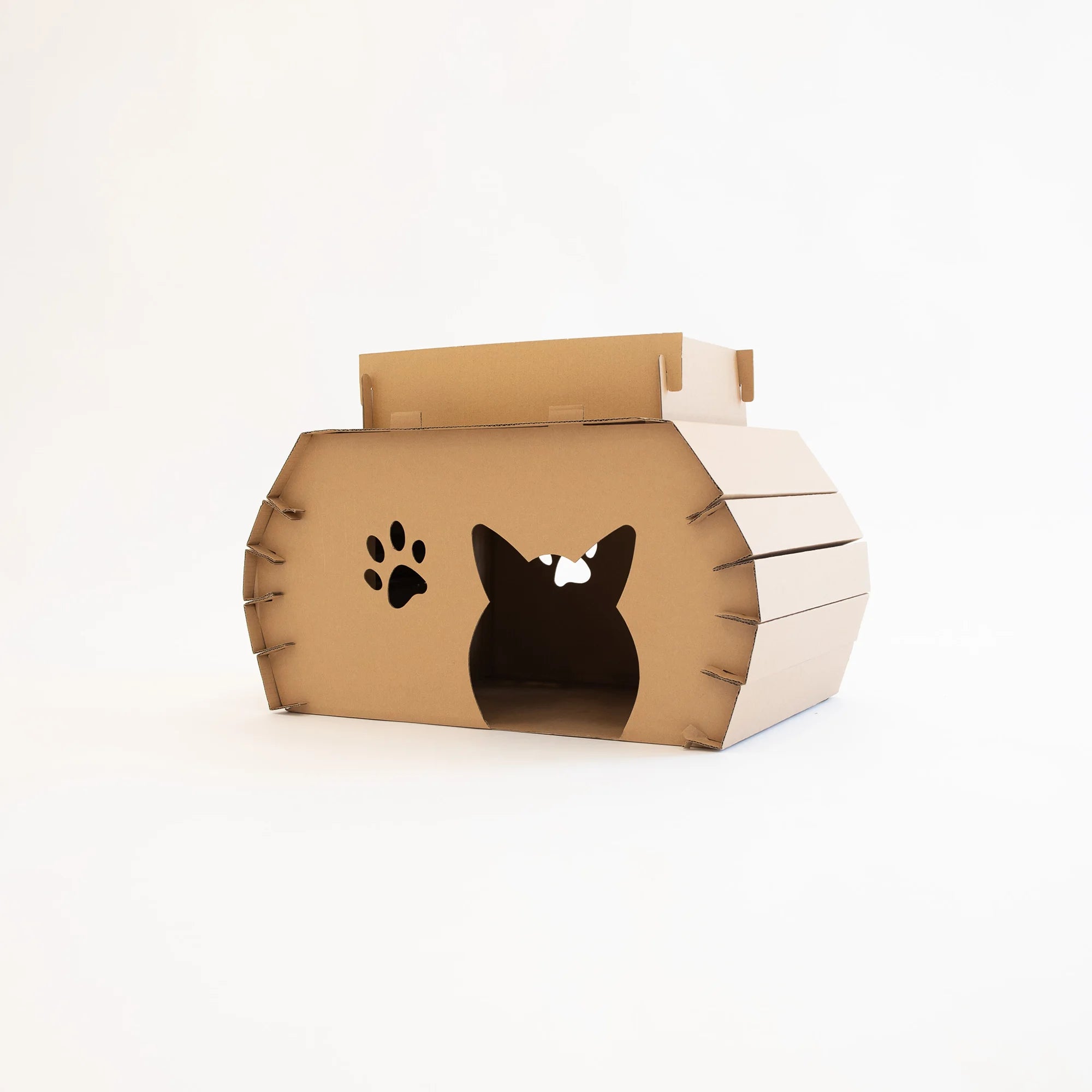 The Carlson Cat Camper and Scratcher is a compact, eco-friendly playhouse made from durable cardboard. Featuring a cat door, three paw-shaped windows, and a removable scratcher, it provides a cozy, entertaining space for small animals like cats and rabbits. Easy to assemble and lightweight for easy transport.