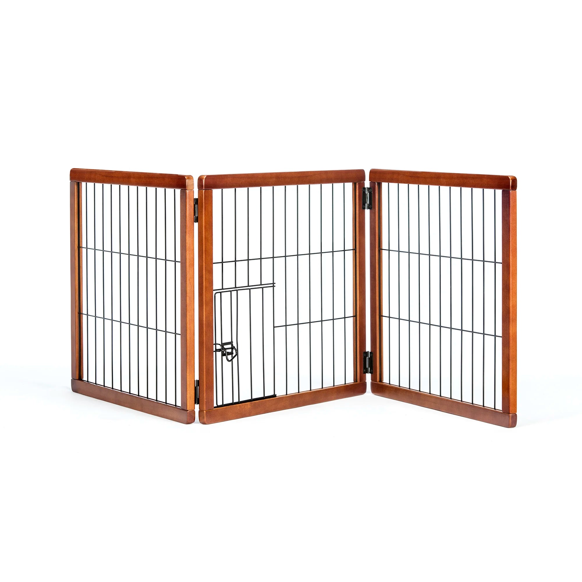 A wooden pet gate with a black metal frame, featuring three panels that fold for easy storage. It stands 20 inches tall, adjusts from 22 to 62 inches wide, and includes a small pet door for dogs to pass through. Ideal for hallways, doorways, or stairs, and requires no permanent installation.