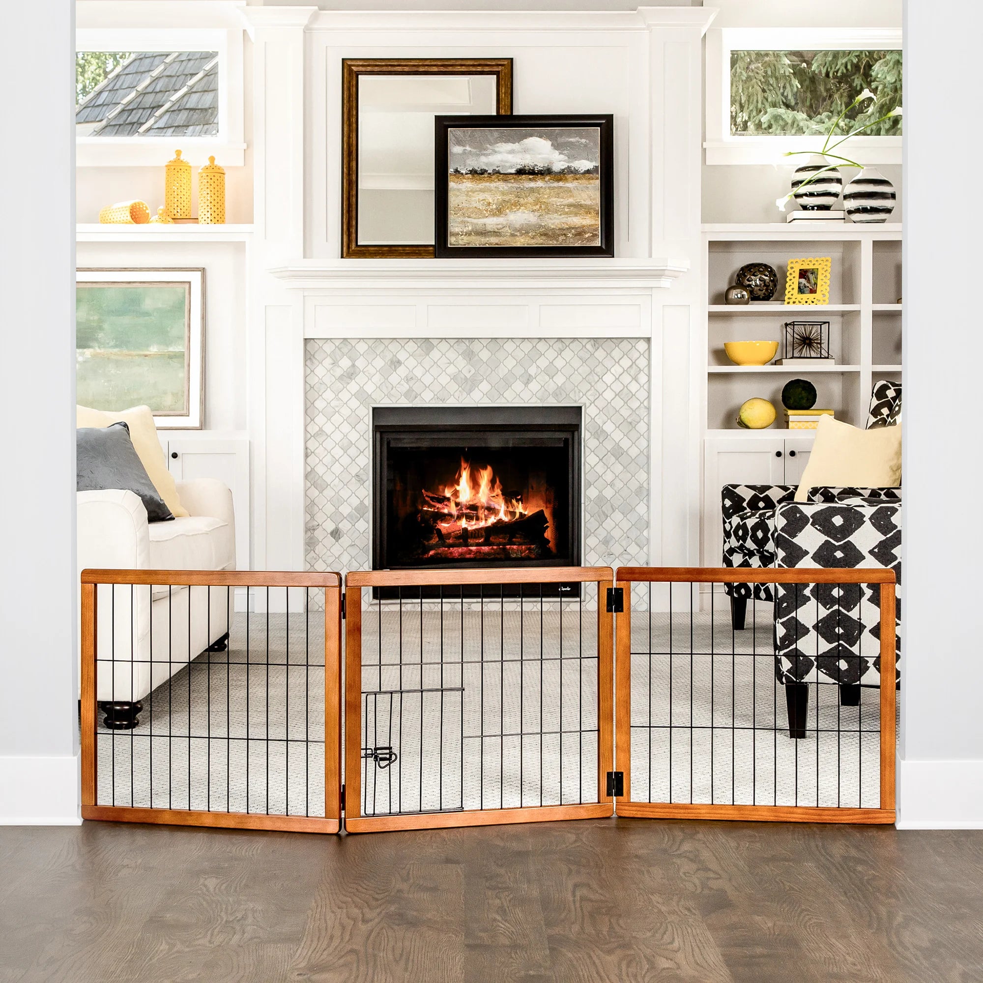 A wooden pet gate with a black metal frame, featuring three panels that fold for easy storage. It stands 20 inches tall, adjusts from 22 to 62 inches wide, and includes a small pet door for dogs to pass through. Ideal for hallways, doorways, or stairs, and requires no permanent installation.