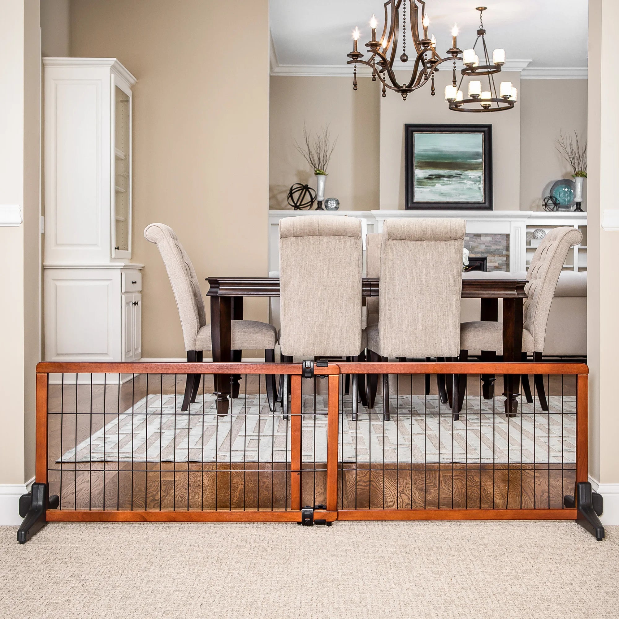 The Carlson Design Paw Extra Wide Freestanding Pet Gate features a stylish wood frame with black metal panels. Expands from 40" to 70" and stands 20" tall, providing a safe barrier for pets. Lightweight and portable, it’s easy to move and store, offering flexibility without permanent installation.