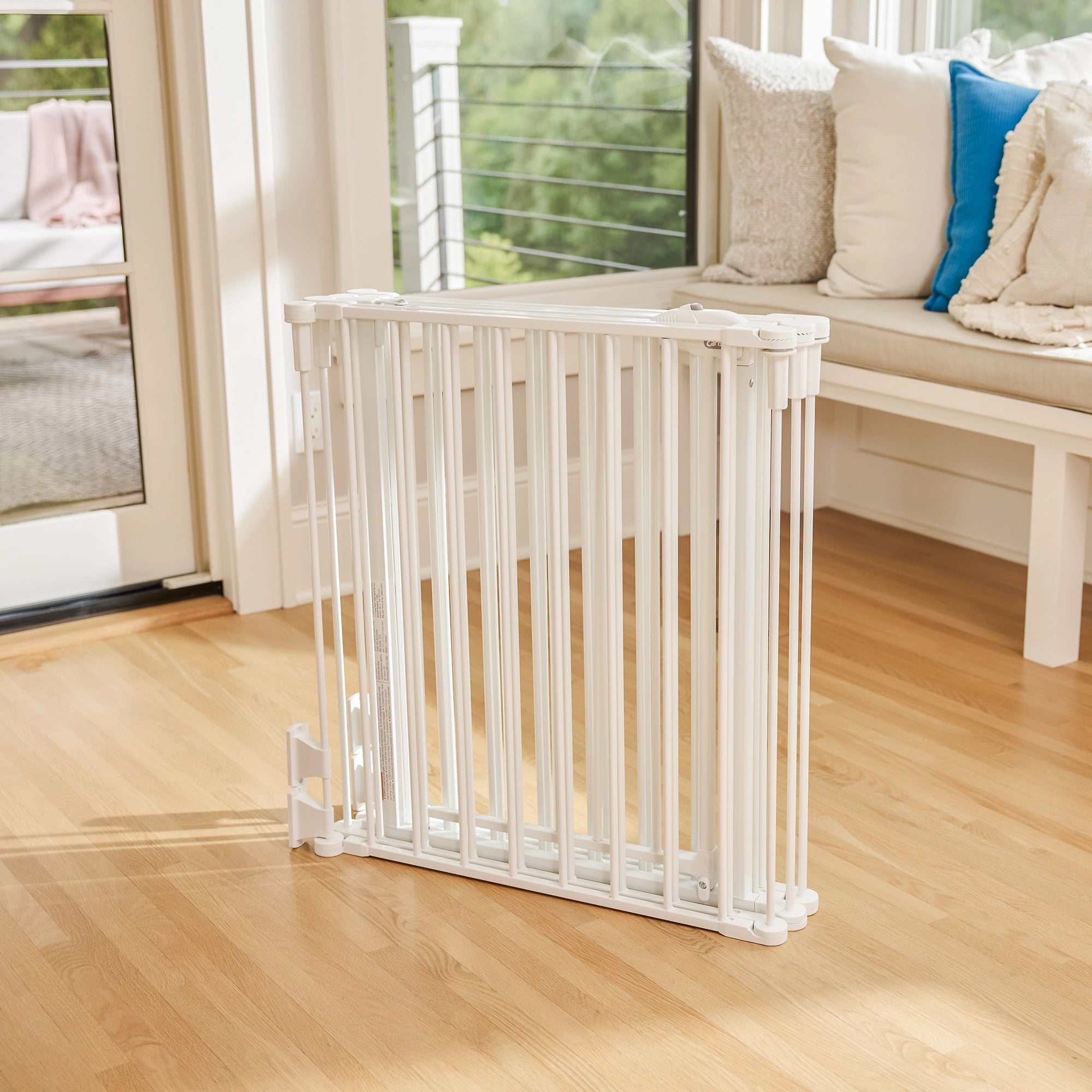 The Carlson Convertible Pet Yard is a versatile, chew-proof pet enclosure with all-steel construction. It features adjustable hinged posts, expanding from 52” to 146.5” wide. Standing 28” tall, it includes a walk-through door with a slide handle, offering a flexible and secure space for pets at home.