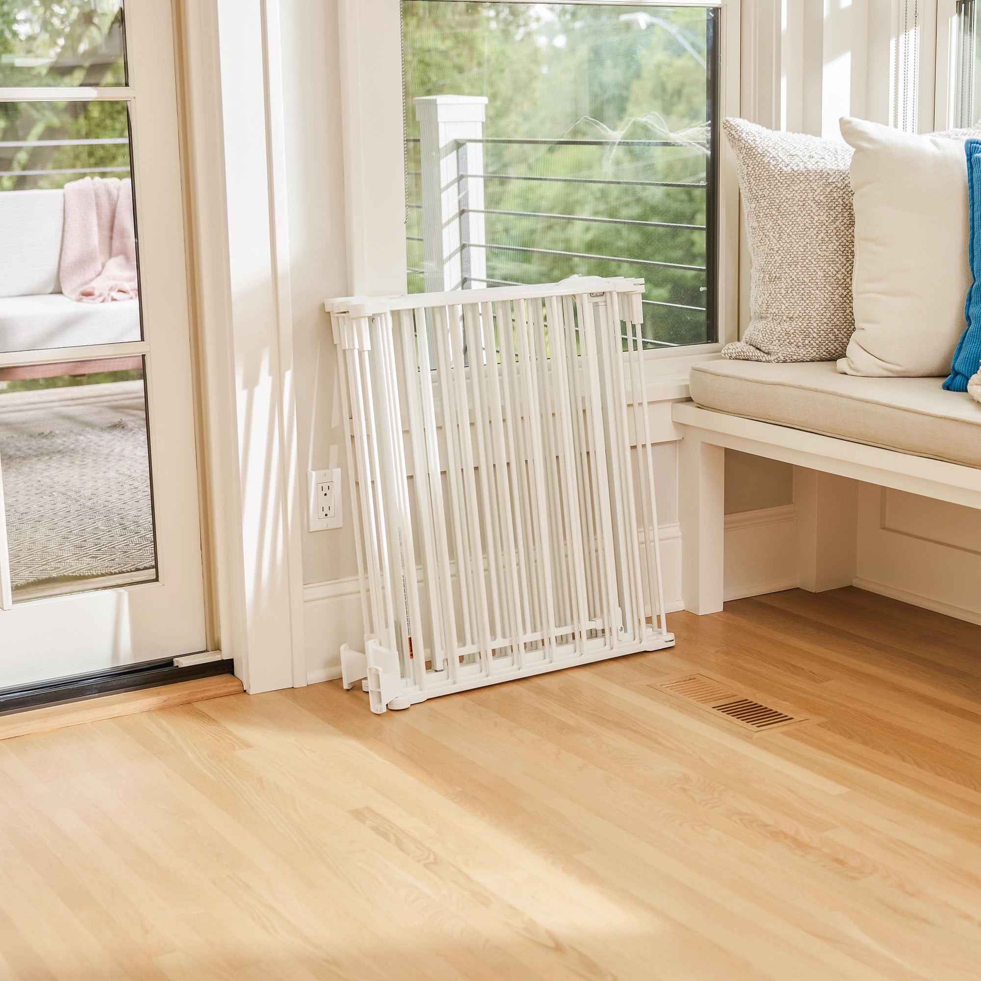 The Carlson Convertible Pet Yard is a versatile, chew-proof pet enclosure with all-steel construction. It features adjustable hinged posts, expanding from 52” to 146.5” wide. Standing 28” tall, it includes a walk-through door with a slide handle, offering a flexible and secure space for pets at home.