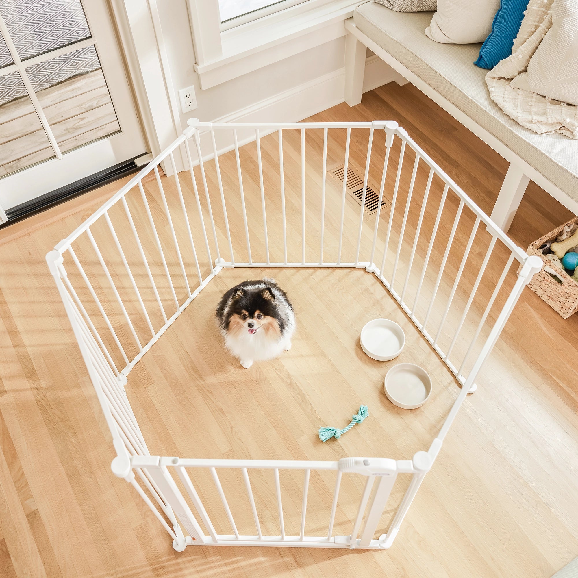 The Carlson Convertible Pet Yard is a versatile, chew-proof pet enclosure with all-steel construction. It features adjustable hinged posts, expanding from 52” to 146.5” wide. Standing 28” tall, it includes a walk-through door with a slide handle, offering a flexible and secure space for pets at home.