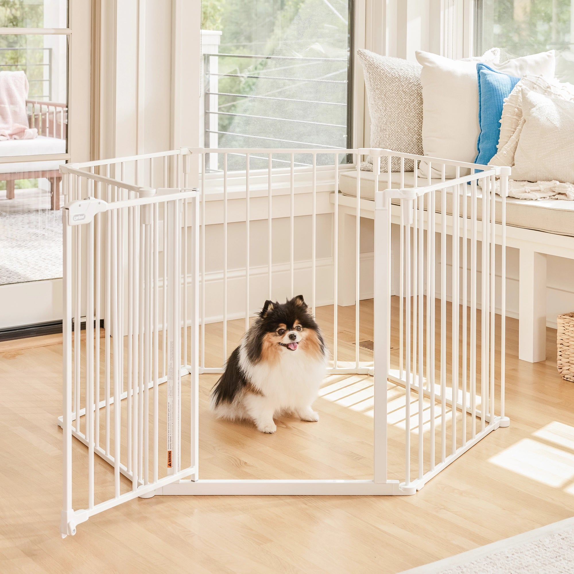 The Carlson Convertible Pet Yard is a versatile, chew-proof pet enclosure with all-steel construction. It features adjustable hinged posts, expanding from 52” to 146.5” wide. Standing 28” tall, it includes a walk-through door with a slide handle, offering a flexible and secure space for pets at home.