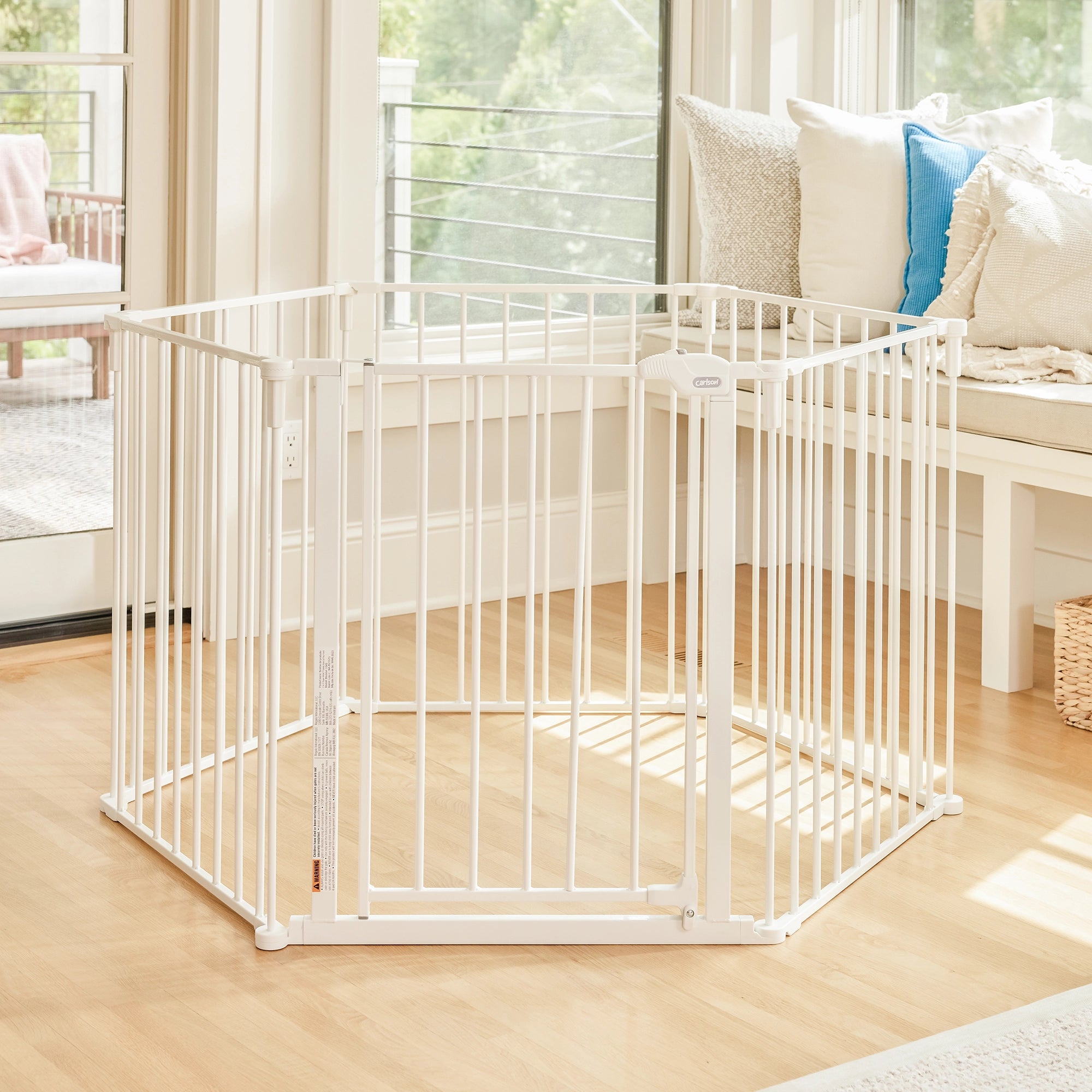 The Carlson Convertible Pet Yard is a versatile, chew-proof pet enclosure with all-steel construction. It features adjustable hinged posts, expanding from 52” to 146.5” wide. Standing 28” tall, it includes a walk-through door with a slide handle, offering a flexible and secure space for pets at home.