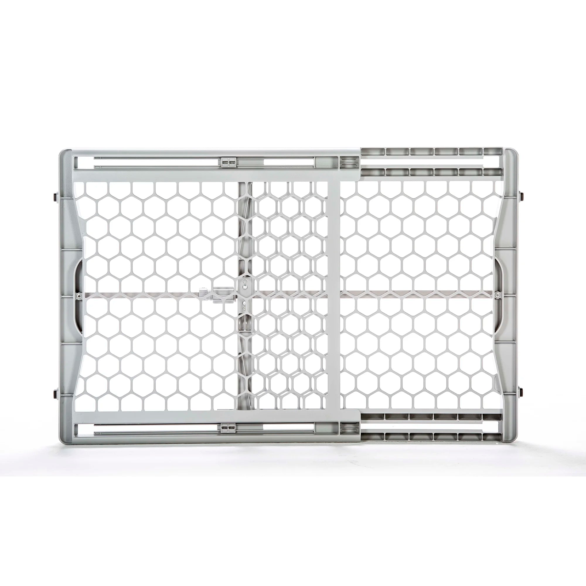 Gray plastic expandable pet gate with pressure-mount installation, fits openings 28-42 inches, 23 inches tall, and includes rubber bumpers.