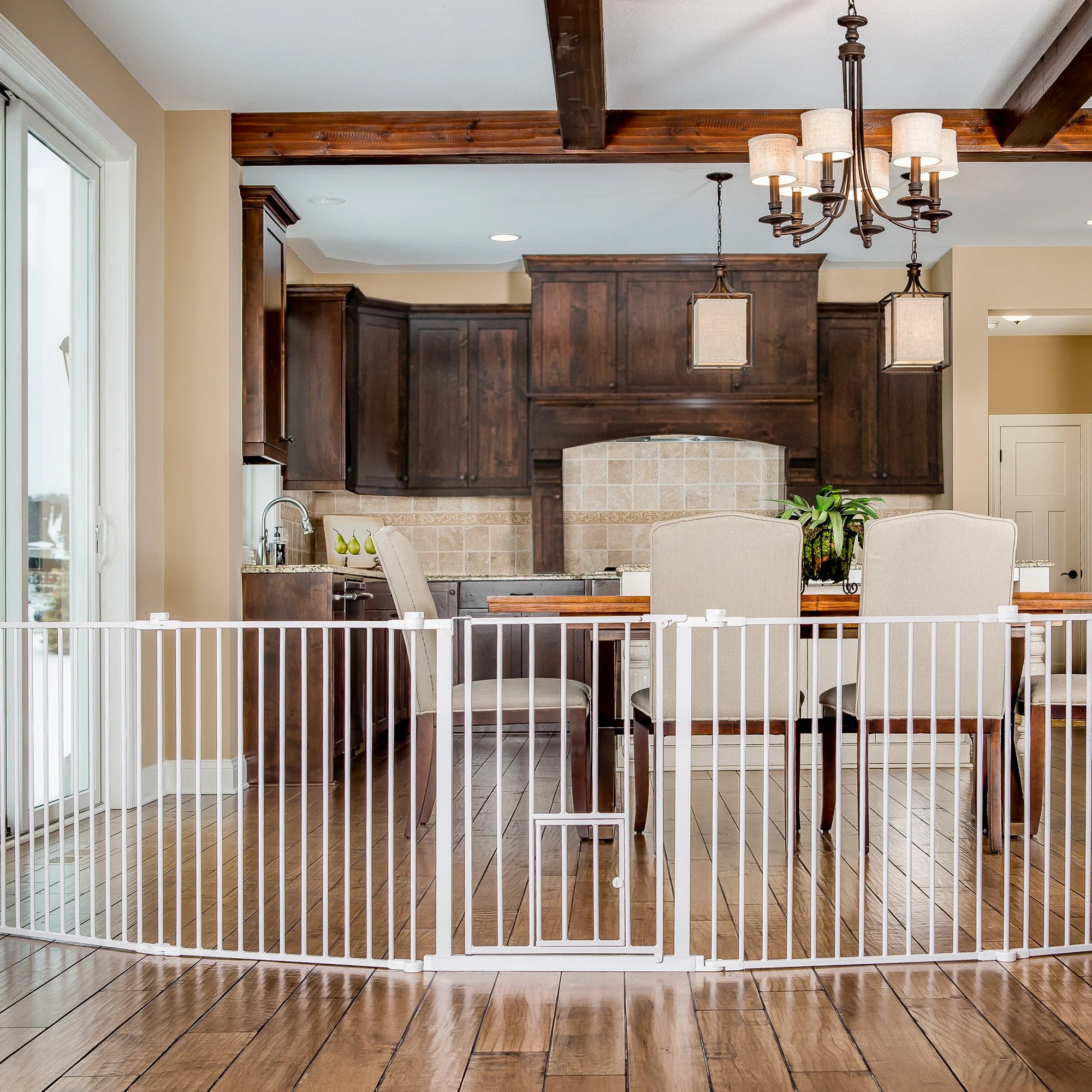 2-in-1 Super Wide Pet Pen & Gate in kitchen.