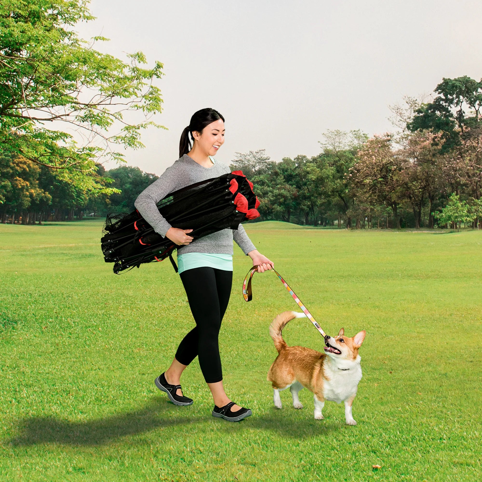 Woman walking at park holding Portable Pet Pen and walking dog.