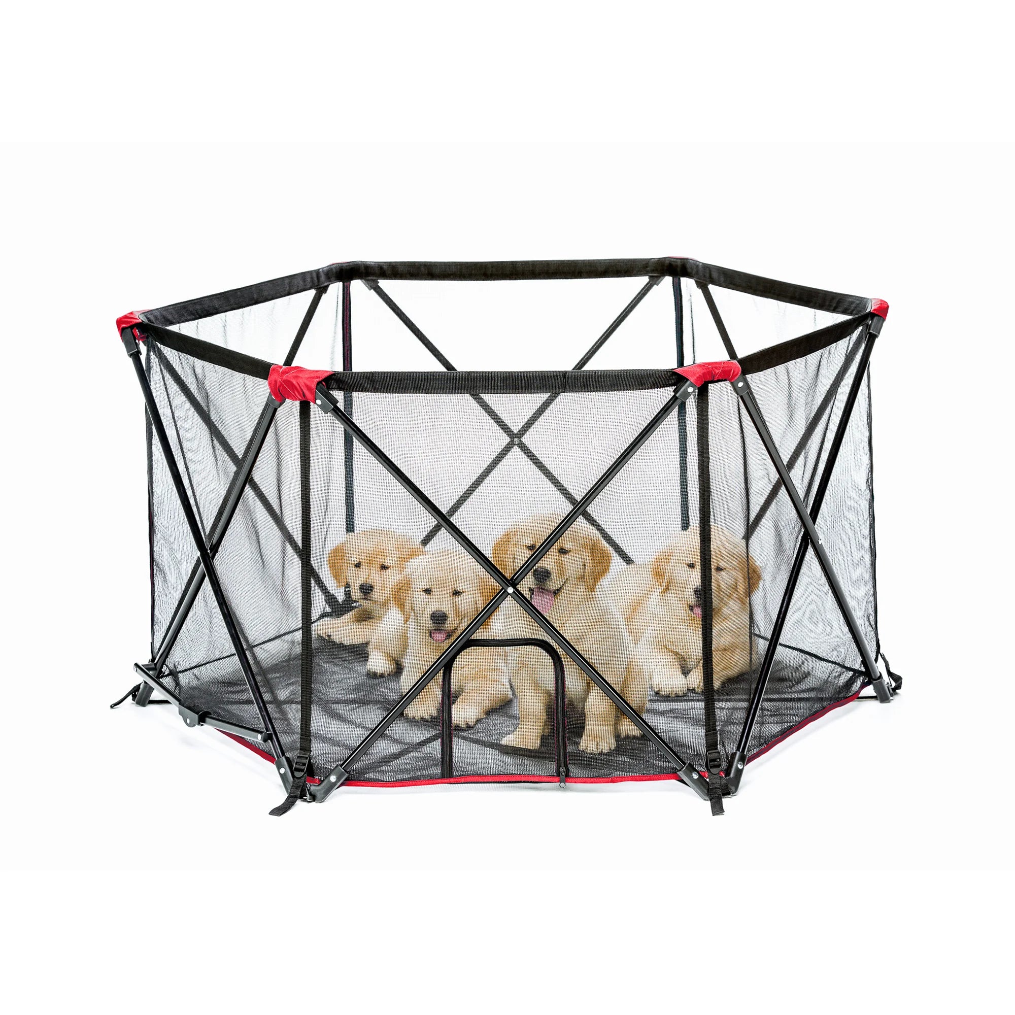 The Carlson Red Portable Pet Pen is a lightweight, foldable pet containment solution, featuring a sturdy all-metal frame and reinforced mesh walls. Measuring 48” x 26”, it includes a zippered pet door, is water-resistant for indoor and outdoor use, and sets up and folds down in seconds for convenience.