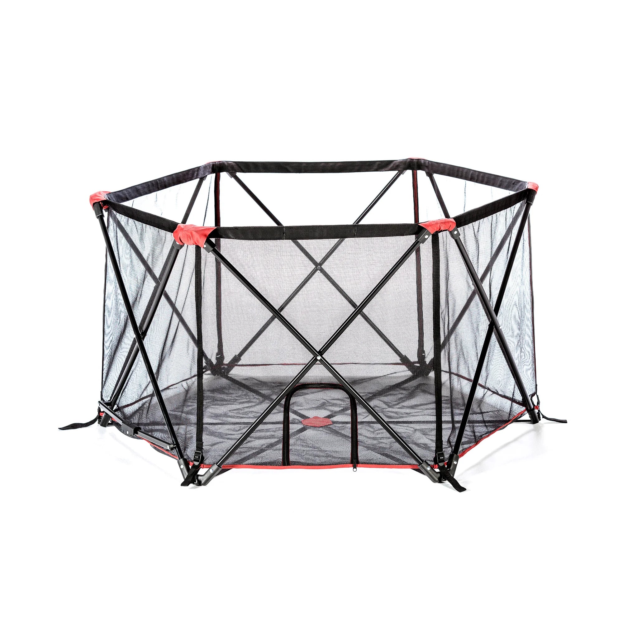 The Carlson Red Portable Pet Pen is a lightweight, foldable pet containment solution, featuring a sturdy all-metal frame and reinforced mesh walls. Measuring 48” x 26”, it includes a zippered pet door, is water-resistant for indoor and outdoor use, and sets up and folds down in seconds for convenience.