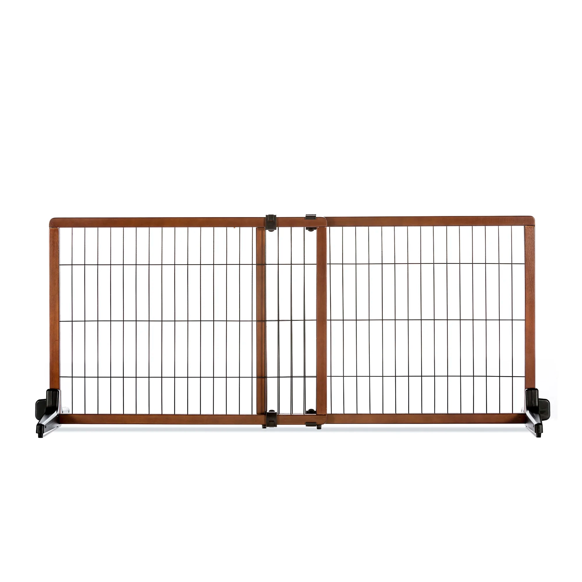 The Carlson Design Paw Extra Tall Extra Wide Freestanding Pet Gate features a durable wood frame with black steel accents, expanding from 40” to 70” in width. Standing 28” tall, it’s perfect for small pets, offering a non-permanent, easy-to-use solution to manage pet access in your home.