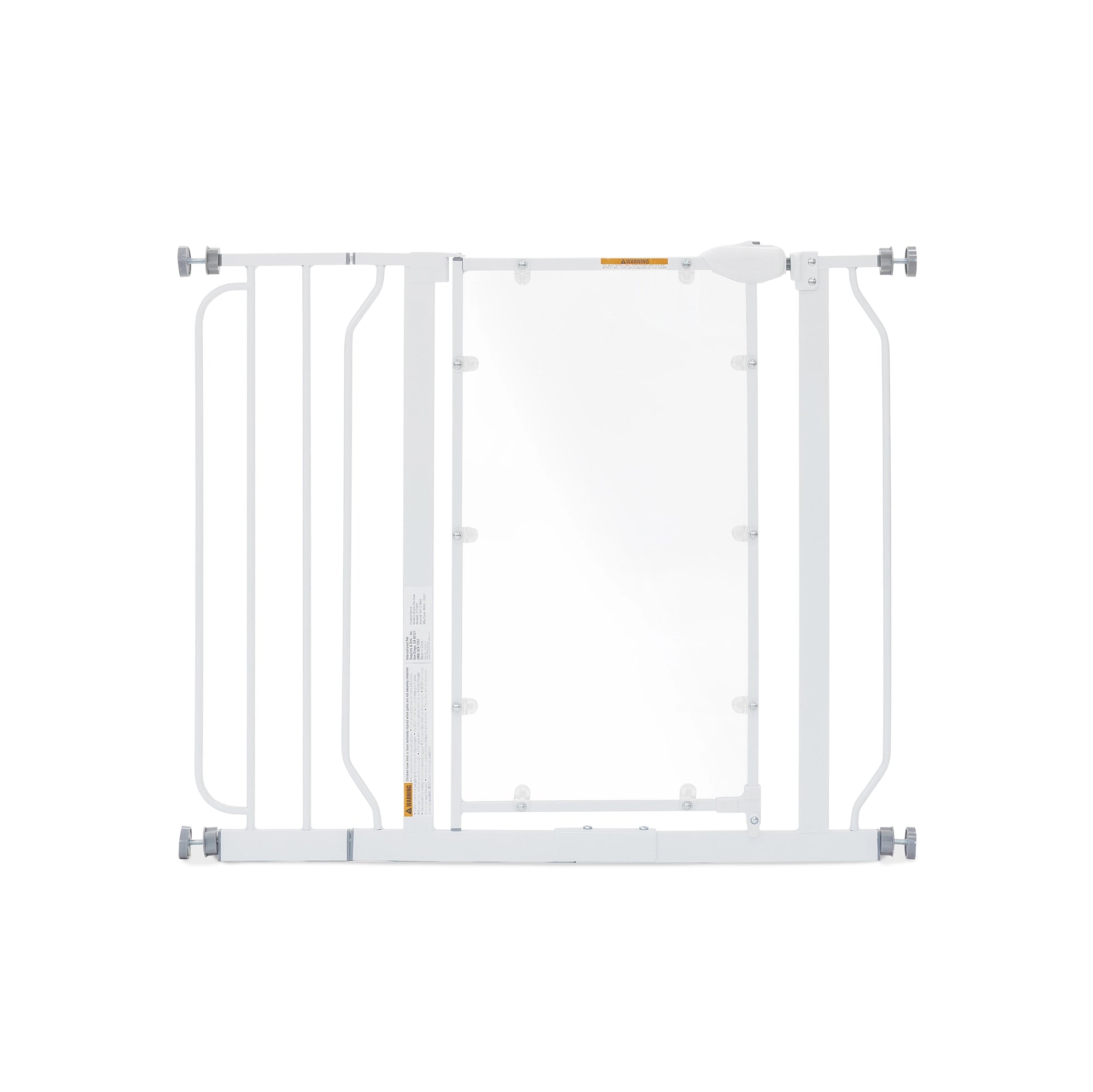 Carlson Direct View® Walk-Thru Pet Gate in white with a clear acrylic door panel. Features a 16.5" wide door for easy walk-through, a chew-proof metal frame, and a pressure-mount system for simple installation. Expands to fit openings between 29" – 38.5" and stands 30" tall. Ideal for pets and households.