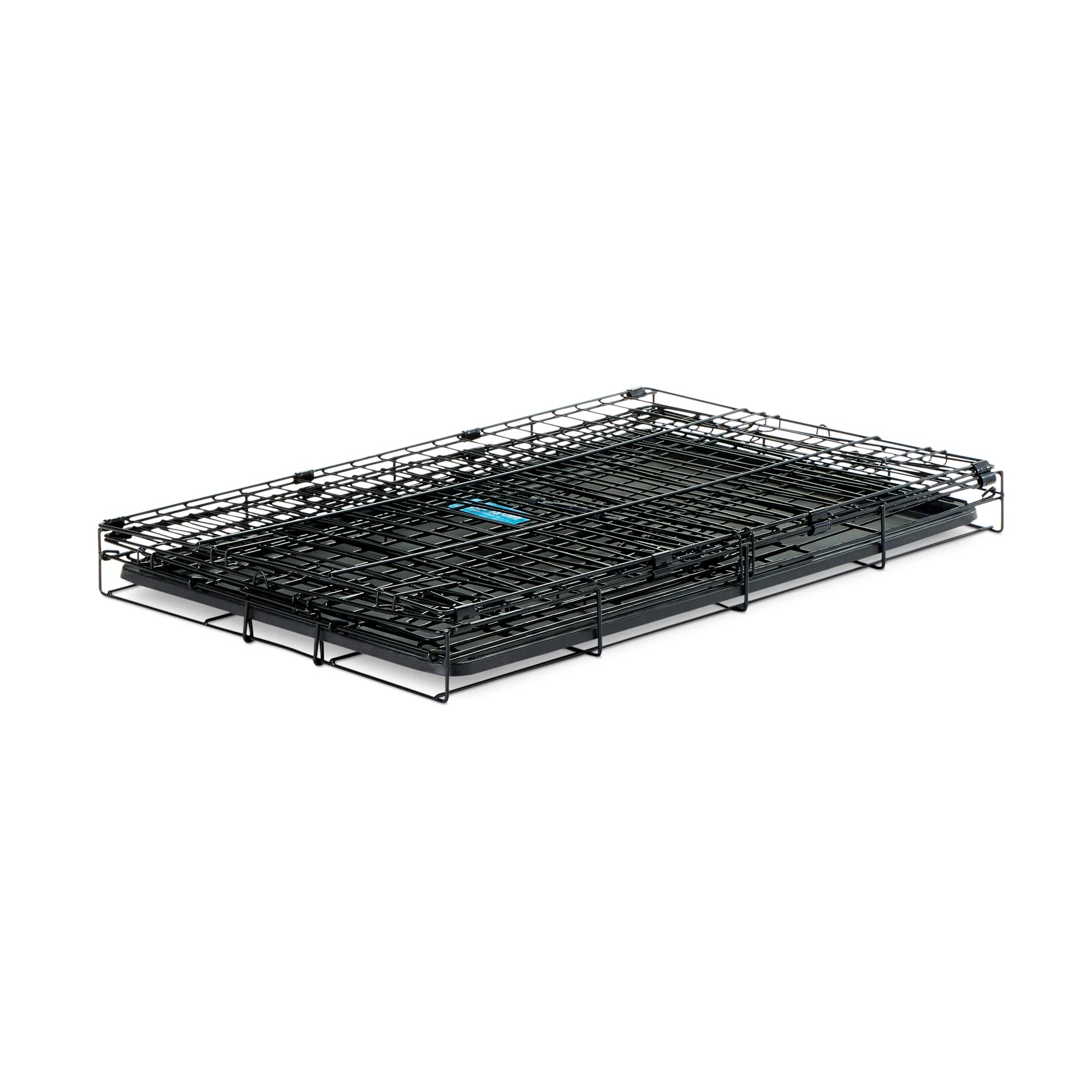 Carlson Medium Single-Door Dog Crate in black, made of durable steel wire. Measures 30” L x 19” W x 21.5” H, with a multi-point locking system for security. Folds flat for easy storage and portability. Removable bottom pan for easy cleaning. Ideal for small to medium dogs up to 24” long.