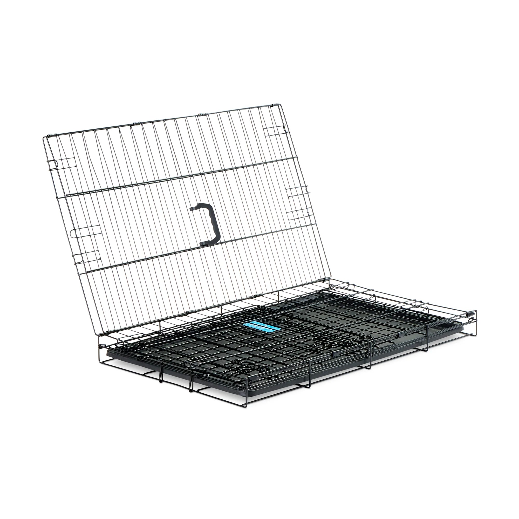 Carlson Medium Single-Door Dog Crate in black, made of durable steel wire. Measures 30” L x 19” W x 21.5” H, with a multi-point locking system for security. Folds flat for easy storage and portability. Removable bottom pan for easy cleaning. Ideal for small to medium dogs up to 24” long.