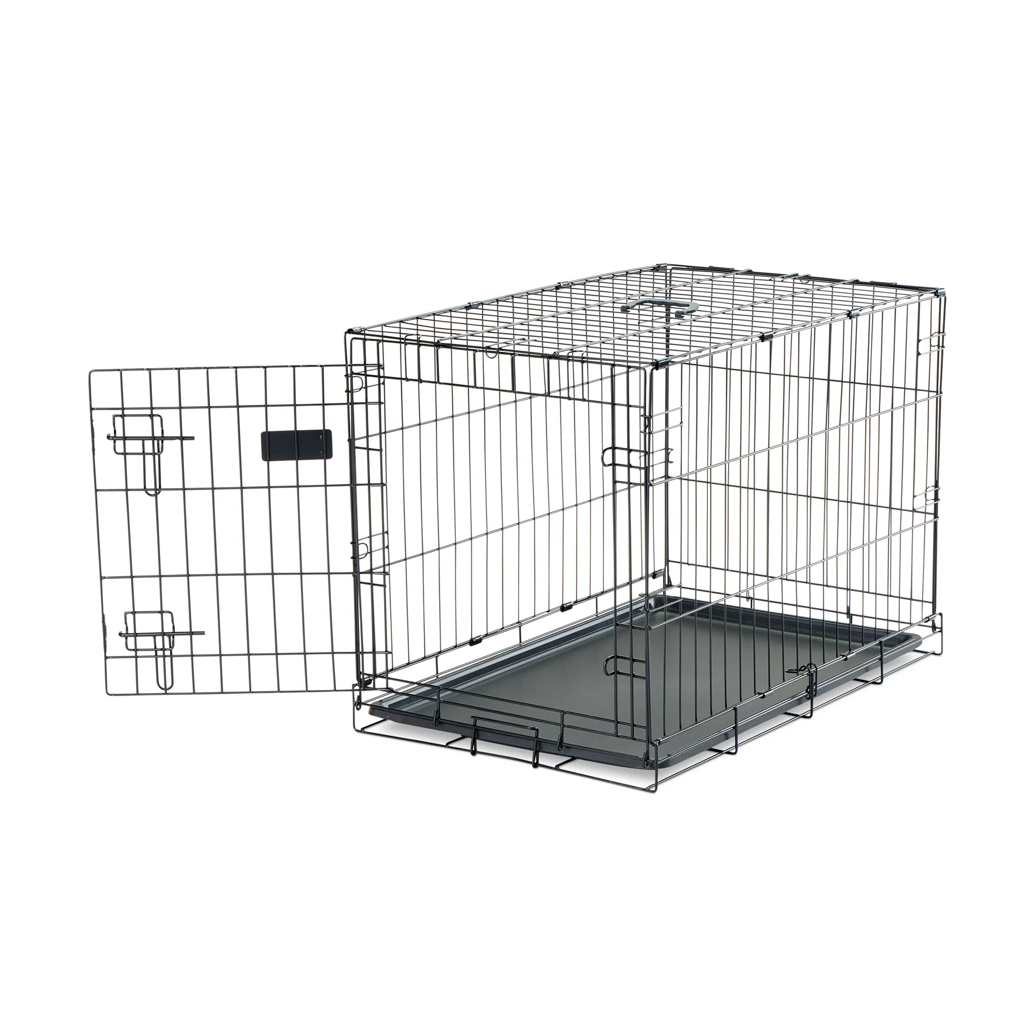 Carlson Medium Single-Door Dog Crate in black, made of durable steel wire. Measures 30” L x 19” W x 21.5” H, with a multi-point locking system for security. Folds flat for easy storage and portability. Removable bottom pan for easy cleaning. Ideal for small to medium dogs up to 24” long.