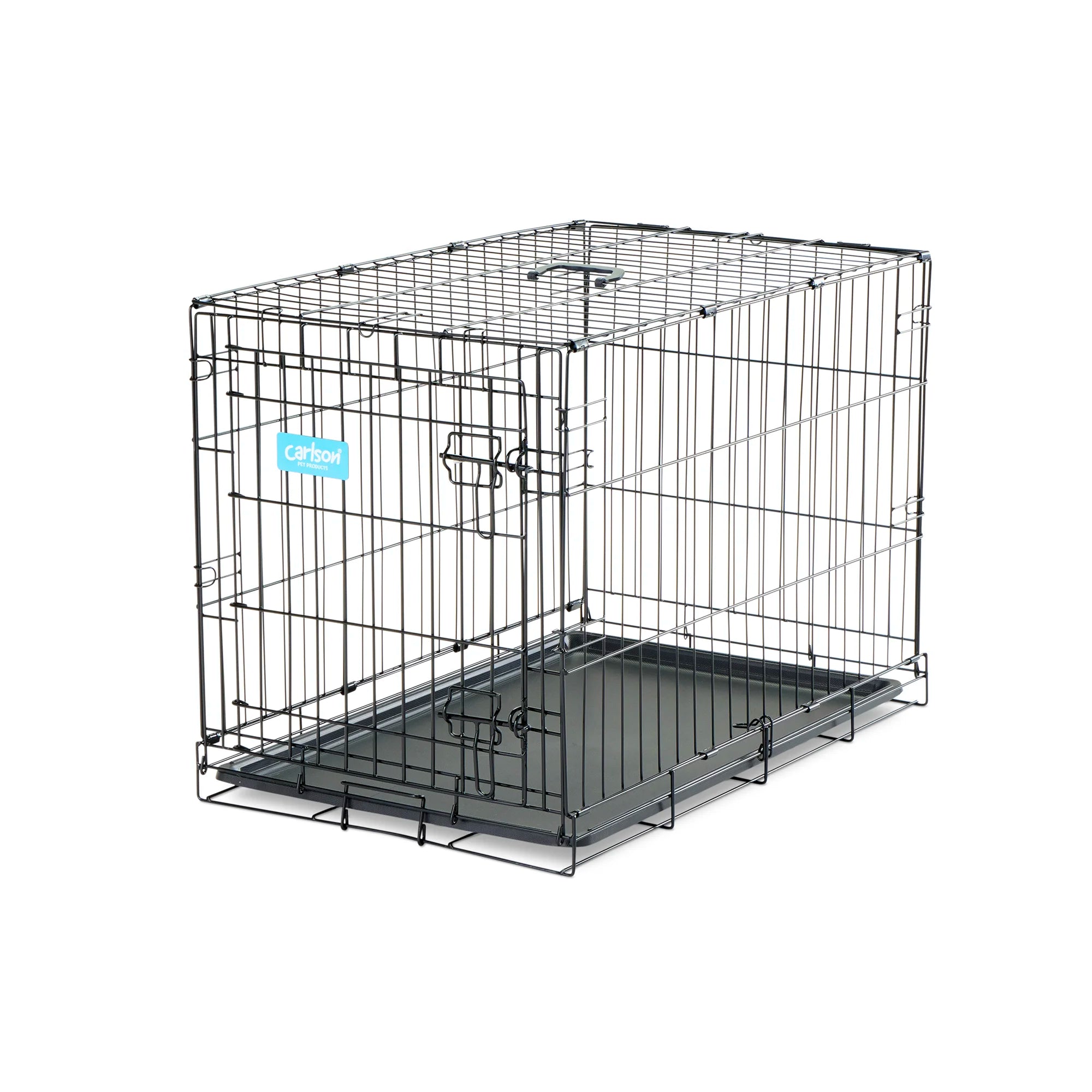 Carlson Medium Single-Door Dog Crate in black, made of durable steel wire. Measures 30” L x 19” W x 21.5” H, with a multi-point locking system for security. Folds flat for easy storage and portability. Removable bottom pan for easy cleaning. Ideal for small to medium dogs up to 24” long.