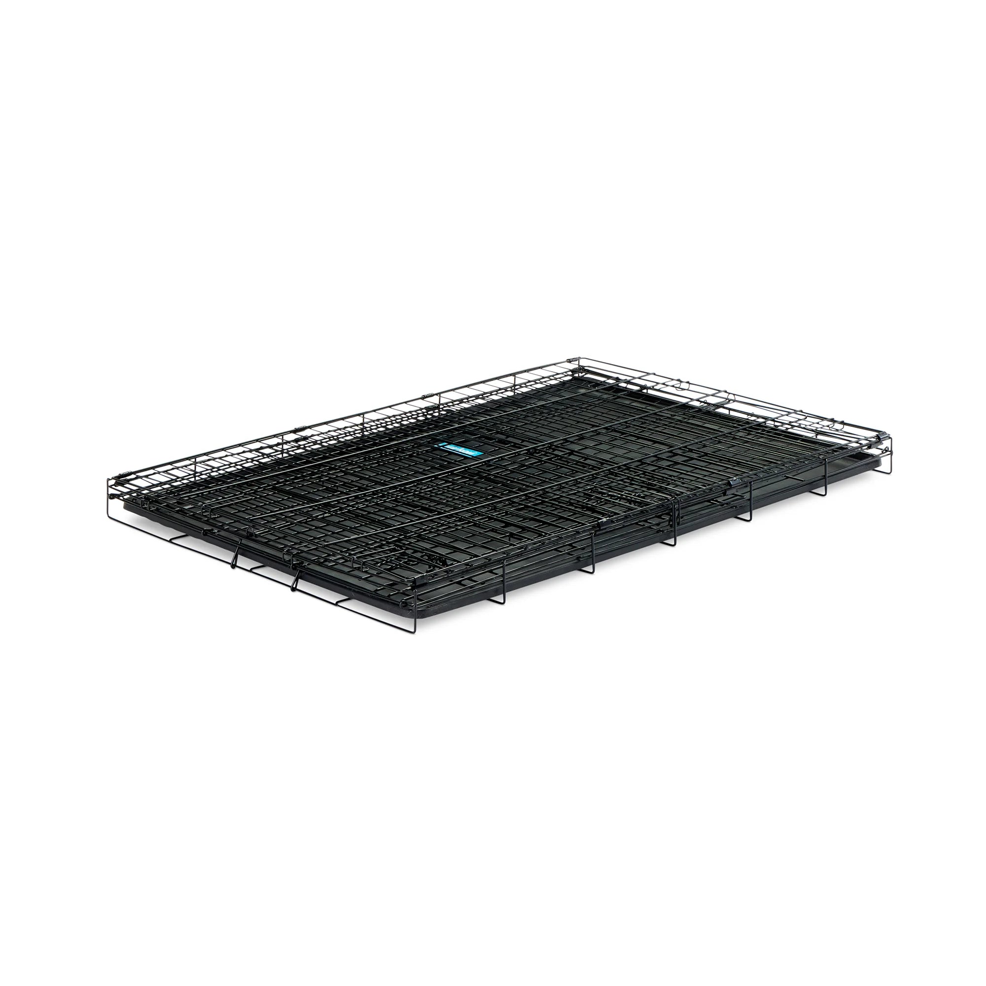 The Carlson Large Single-Door Dog Crate is a black, all-steel wire kennel with a multi-point locking system. It measures 42” L x 28” W x 30.5” H, providing a secure space for dogs up to 32” long and 25” tall. It folds flat for easy storage and has a removable, washable bottom pan for easy cleaning.