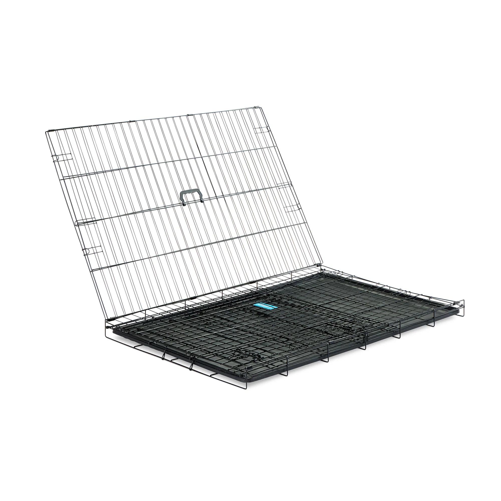 The Carlson Large Single-Door Dog Crate is a black, all-steel wire kennel with a multi-point locking system. It measures 42” L x 28” W x 30.5” H, providing a secure space for dogs up to 32” long and 25” tall. It folds flat for easy storage and has a removable, washable bottom pan for easy cleaning.