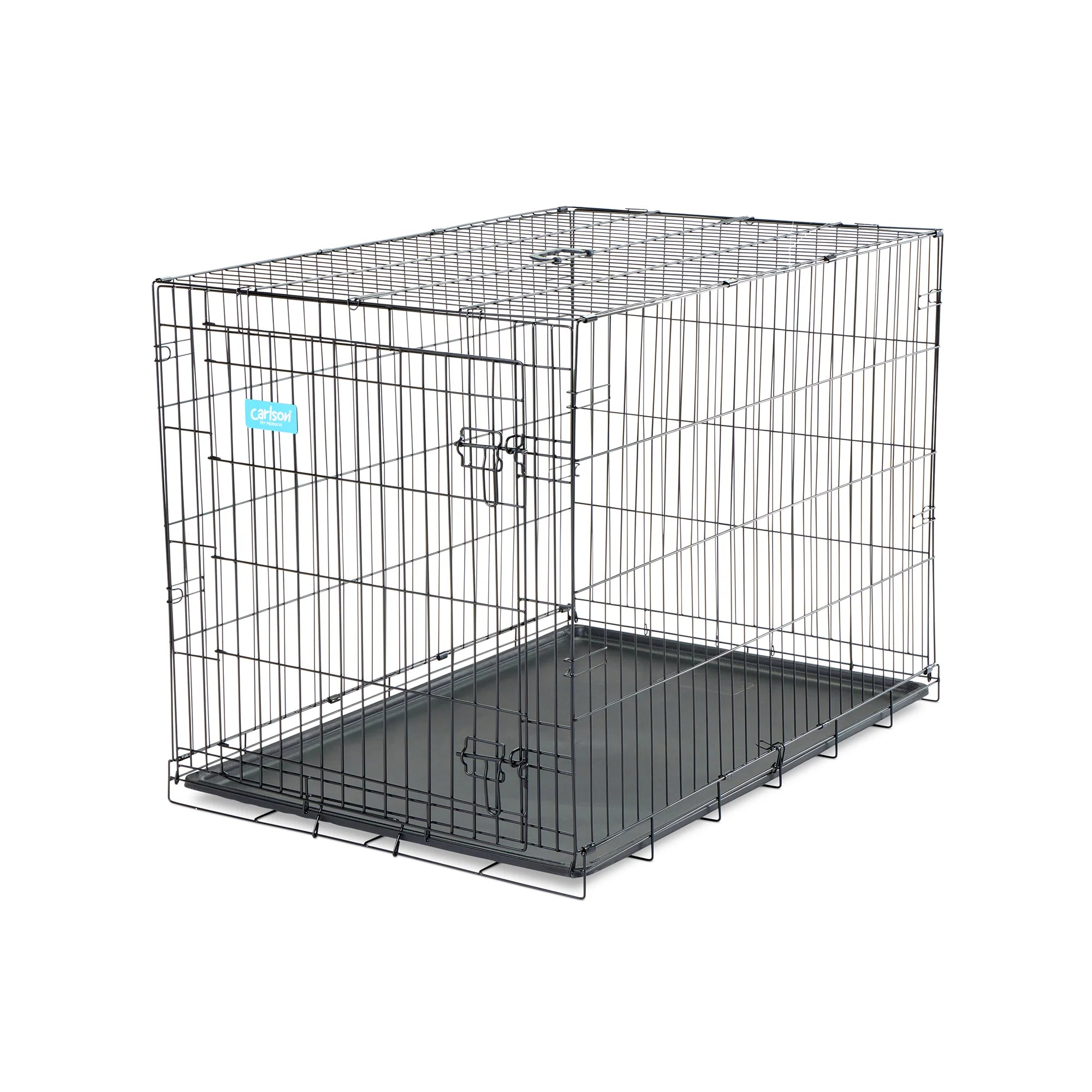 The Carlson Large Single-Door Dog Crate is a black, all-steel wire kennel with a multi-point locking system. It measures 42” L x 28” W x 30.5” H, providing a secure space for dogs up to 32” long and 25” tall. It folds flat for easy storage and has a removable, washable bottom pan for easy cleaning.