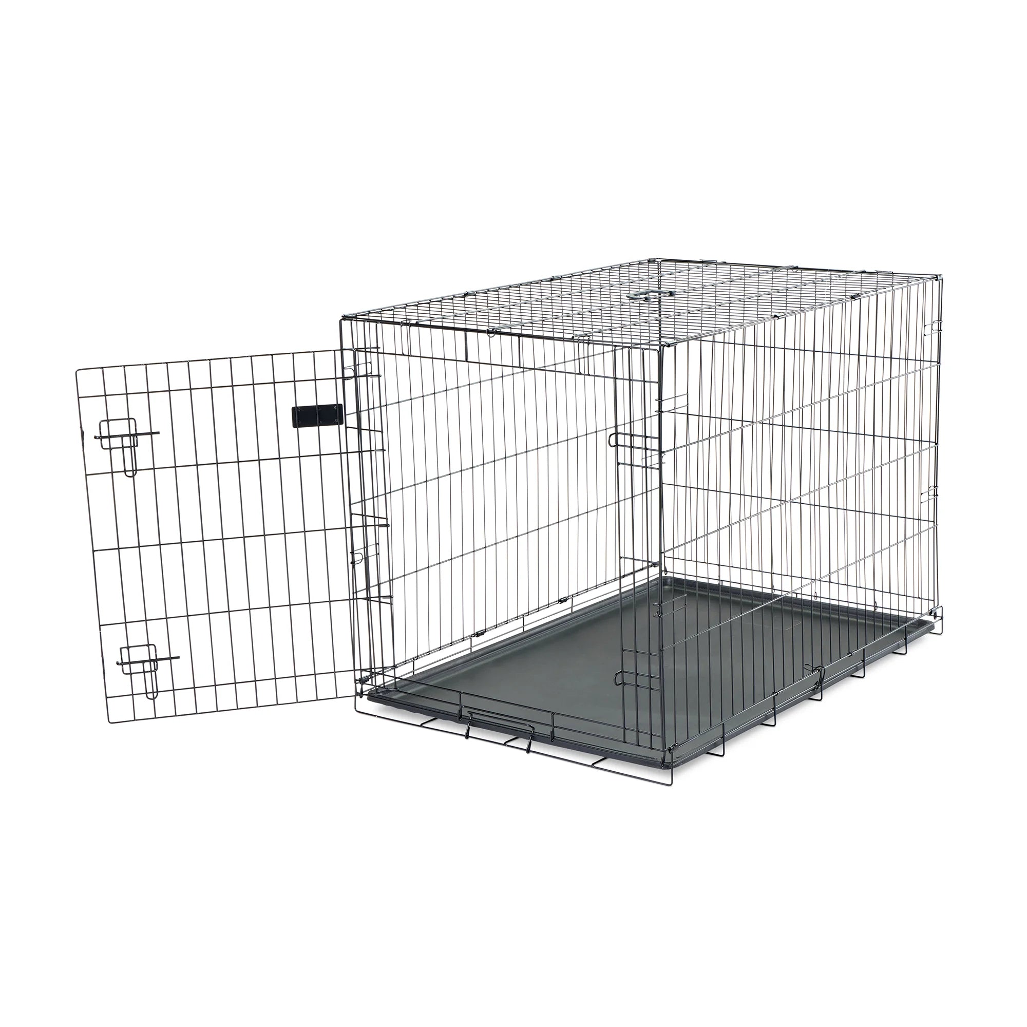 The Carlson Large Single-Door Dog Crate is a black, all-steel wire kennel with a multi-point locking system. It measures 42” L x 28” W x 30.5” H, providing a secure space for dogs up to 32” long and 25” tall. It folds flat for easy storage and has a removable, washable bottom pan for easy cleaning.