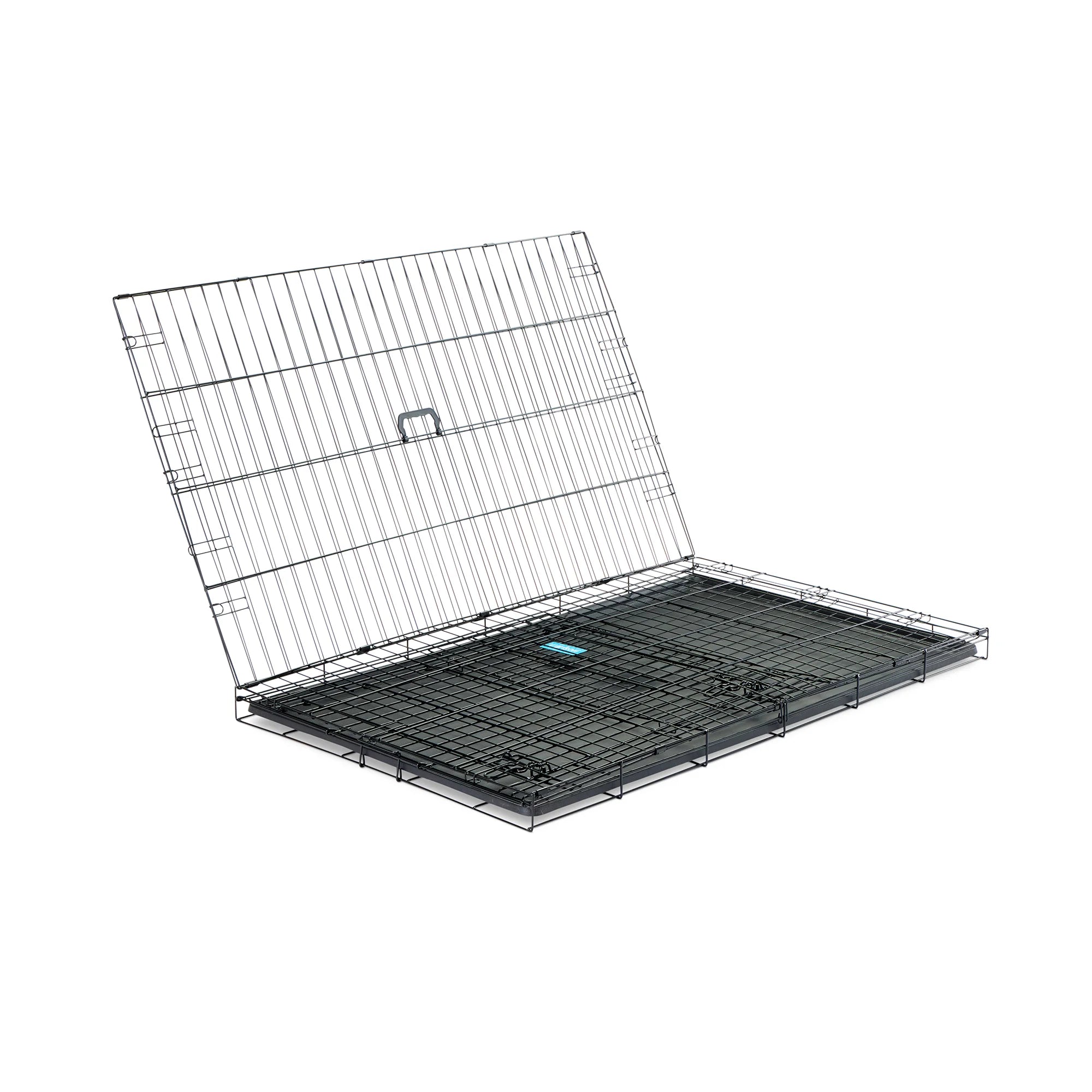 The Carlson Extra-Large Single-Door Dog Crate is a black, steel wire kennel measuring 48” L x 30” W x 32.5” H. It features one front door with a multi-point locking system, folds flat for easy storage and travel, and includes a removable, washable bottom pan for easy cleaning. Ideal for large to extra-large dogs.