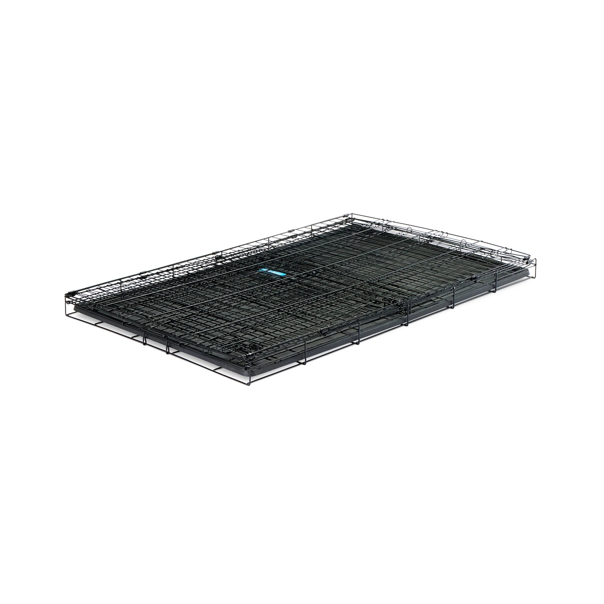 The Carlson Extra-Large Single-Door Dog Crate is a black, steel wire kennel measuring 48” L x 30” W x 32.5” H. It features one front door with a multi-point locking system, folds flat for easy storage and travel, and includes a removable, washable bottom pan for easy cleaning. Ideal for large to extra-large dogs.