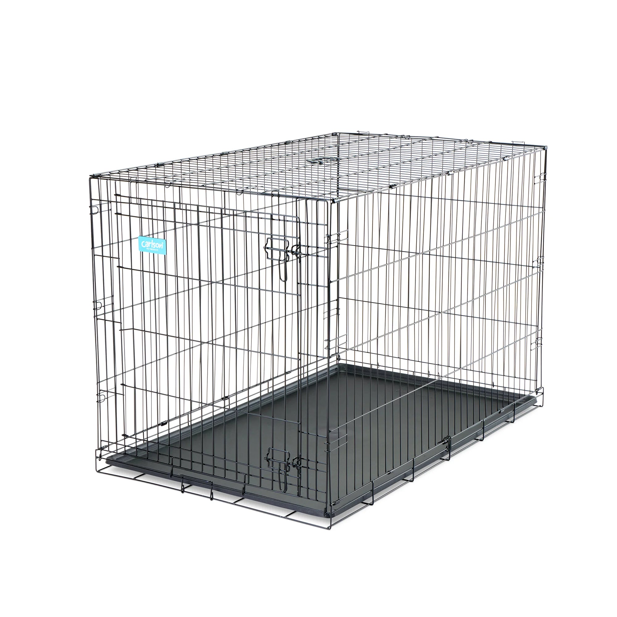 The Carlson Extra-Large Single-Door Dog Crate is a black, steel wire kennel measuring 48” L x 30” W x 32.5” H. It features one front door with a multi-point locking system, folds flat for easy storage and travel, and includes a removable, washable bottom pan for easy cleaning. Ideal for large to extra-large dogs.